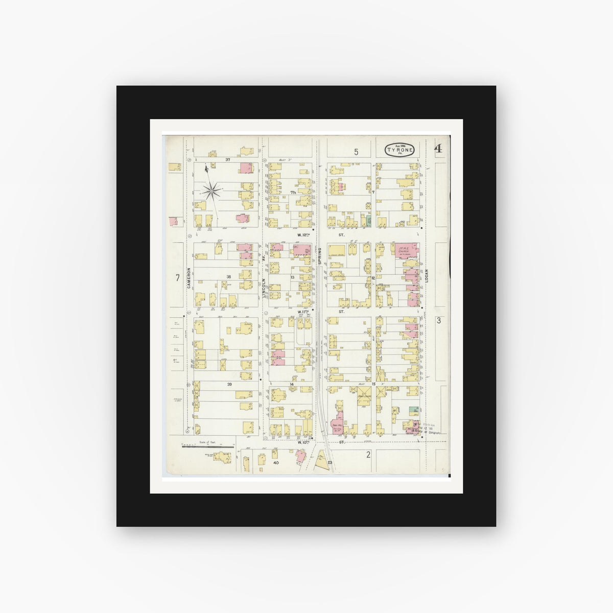 Old map wall art mockup — black gallery frame with white mat — Sanborn Fire Insurance Map from Tyrone, Blair County, Pennsylvania (1896), Sheet #0004