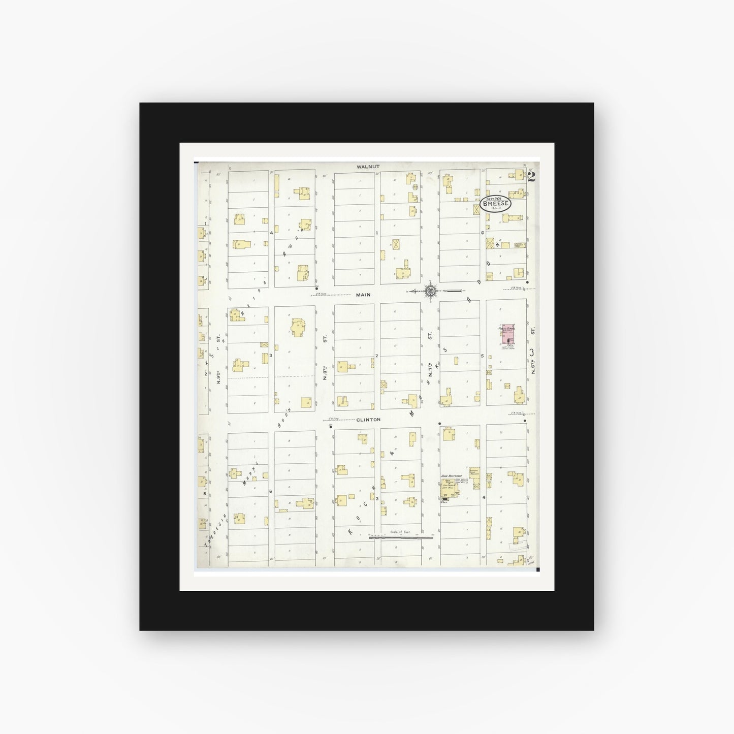 Old map wall art mockup — black gallery frame with white mat — Sanborn Fire Insurance Map from Breese, Clinton County, Illinois (1909), Sheet #0002