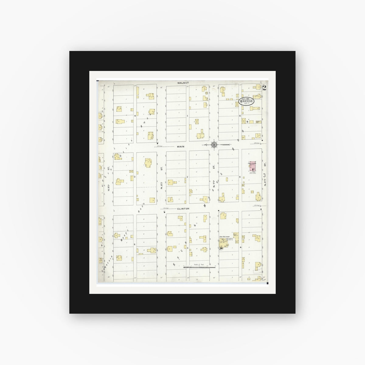 Old map wall art mockup — black gallery frame with white mat — Sanborn Fire Insurance Map from Breese, Clinton County, Illinois (1909), Sheet #0002