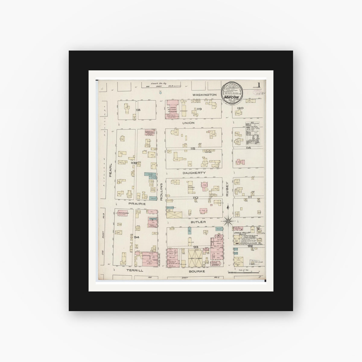 Old map wall art mockup — black gallery frame with white mat — Sanborn Fire Insurance Map from Macon, Macon County, Missouri (1885) - Complete Map Set