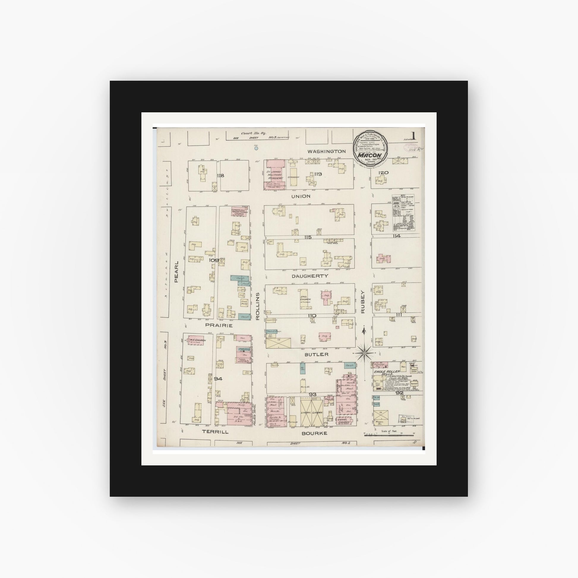 Old map wall art mockup — black gallery frame with white mat — Sanborn Fire Insurance Map from Macon, Macon County, Missouri (1885) - Complete Map Set
