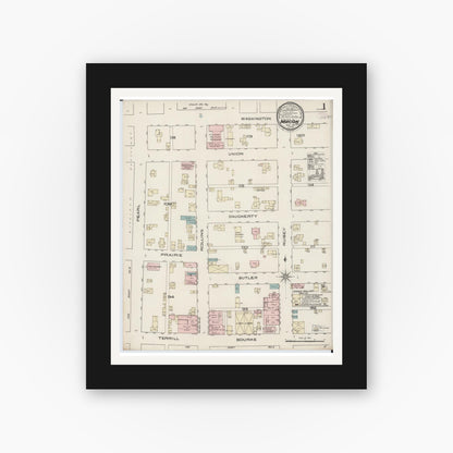Old map wall art mockup — black gallery frame with white mat — Sanborn Fire Insurance Map from Macon, Macon County, Missouri (1885) - Complete Map Set
