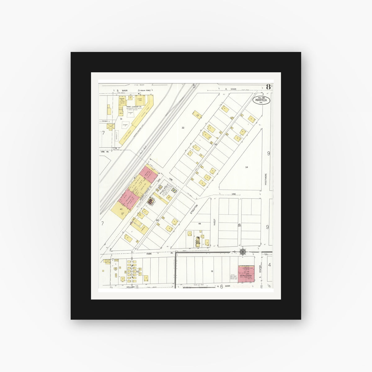 Old map wall art mockup — black gallery frame with white mat — Sanborn Fire Insurance Map from Manteca, San Joaquin County, California (1921), Sheet #0008