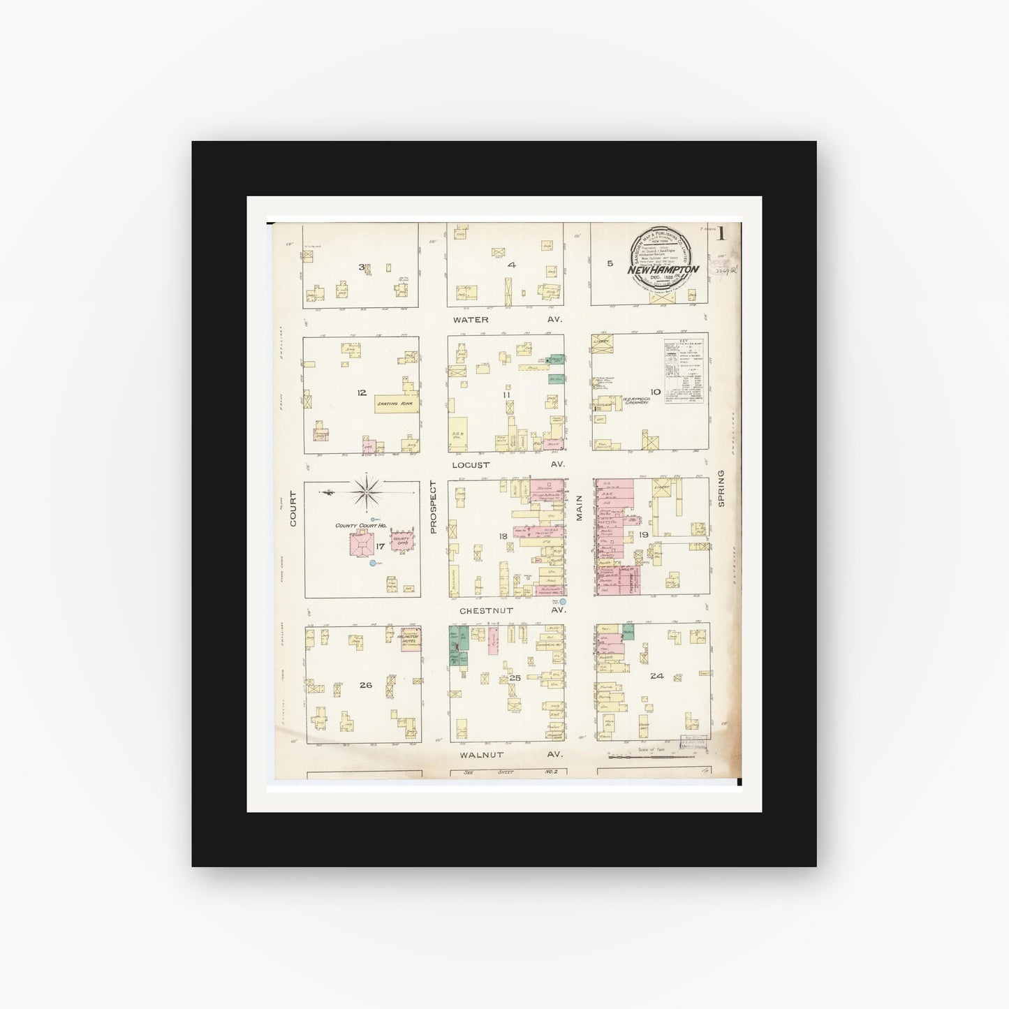 Old map wall art mockup — black gallery frame with white mat — Sanborn Fire Insurance Map from New Hampton, Chickasaw County, Iowa (1885) â€” Complete Set