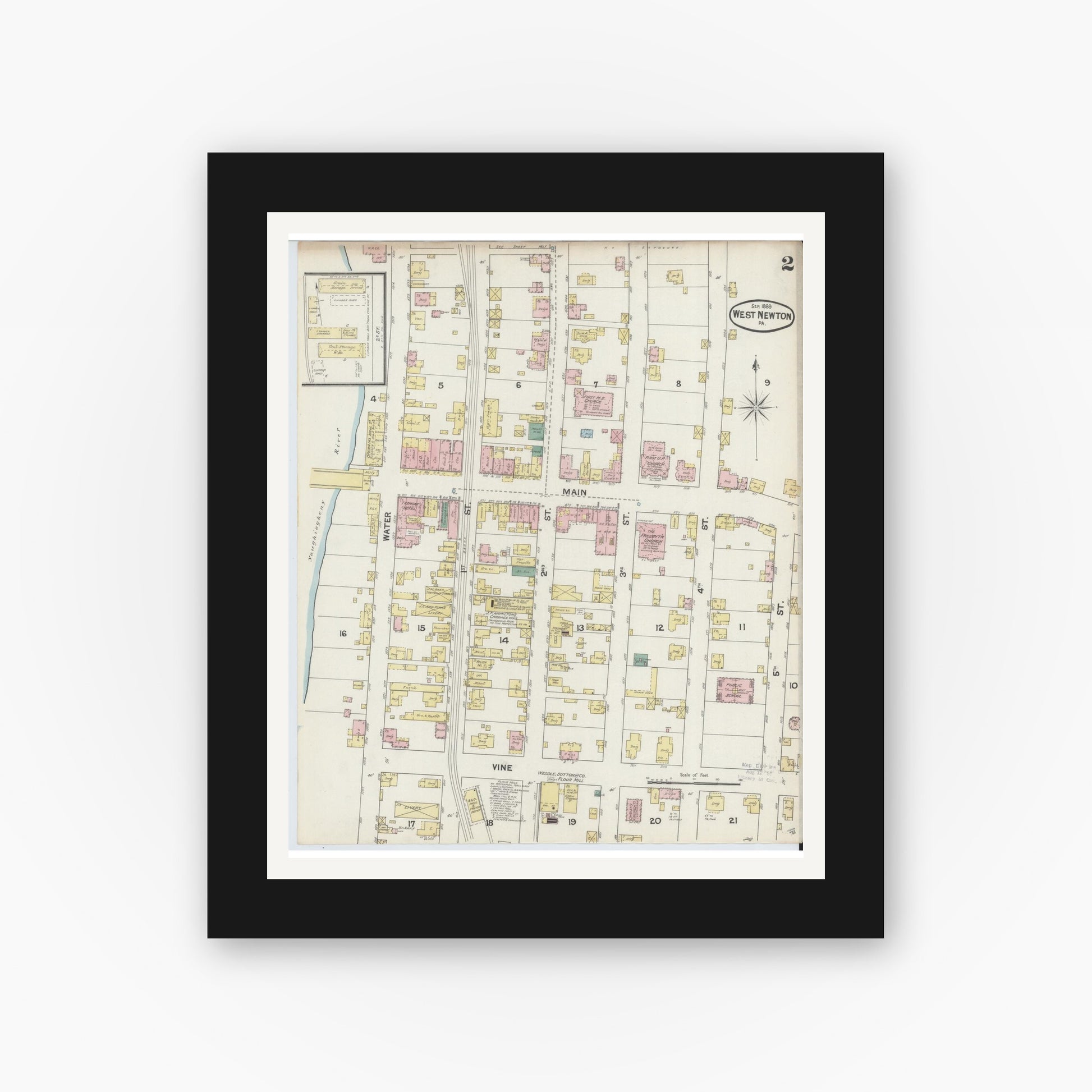 Old map wall art mockup — black gallery frame with white mat — Sanborn Fire Insurance Map from West Newton, Westmoreland County, Pennsylvania (1899), Sheet #0002
