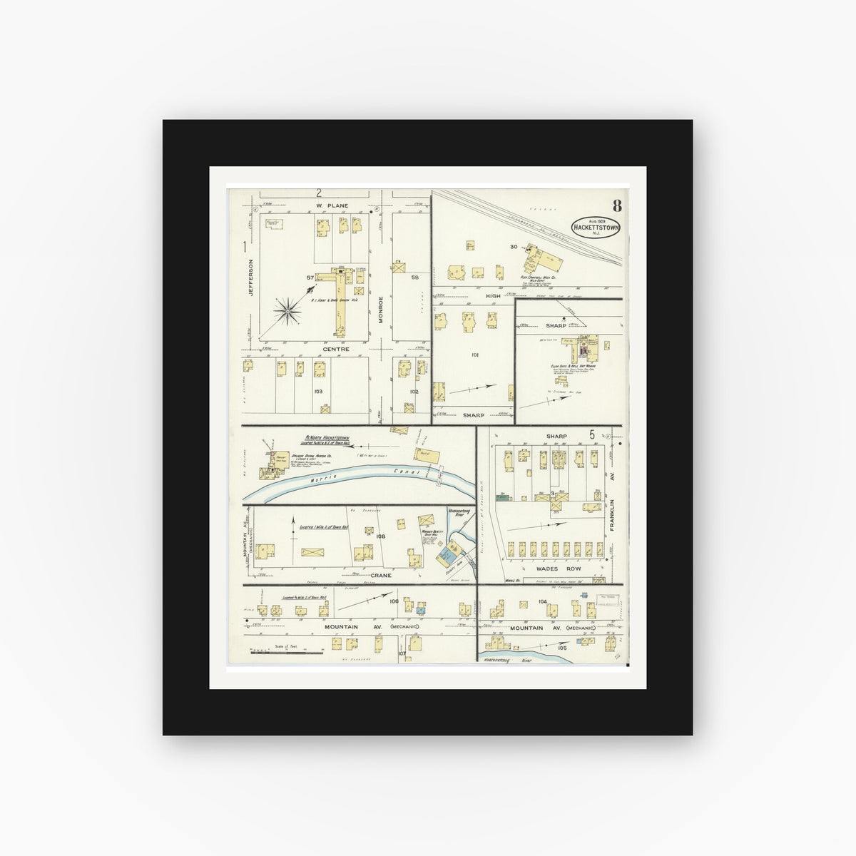 Old map wall art mockup — black gallery frame with white mat — Sanborn Fire Insurance Map from Hackettstown, Warren County, New Jersey (1909), Sheet #0008