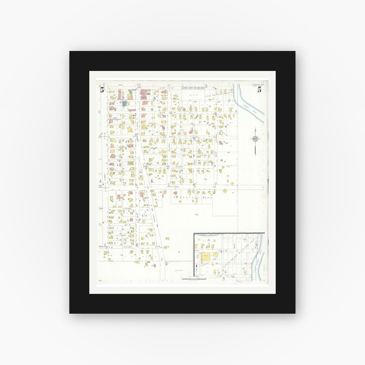 Old map wall art mockup — black gallery frame with white mat — Sanborn Fire Insurance Map from Ligonier, Noble County, Indiana (1933), Sheet #0005