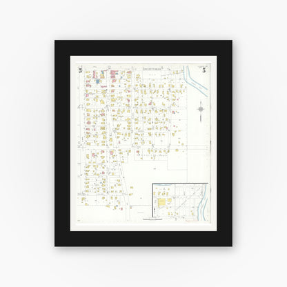 Old map wall art mockup — black gallery frame with white mat — Sanborn Fire Insurance Map from Ligonier, Noble County, Indiana (1933), Sheet #0005