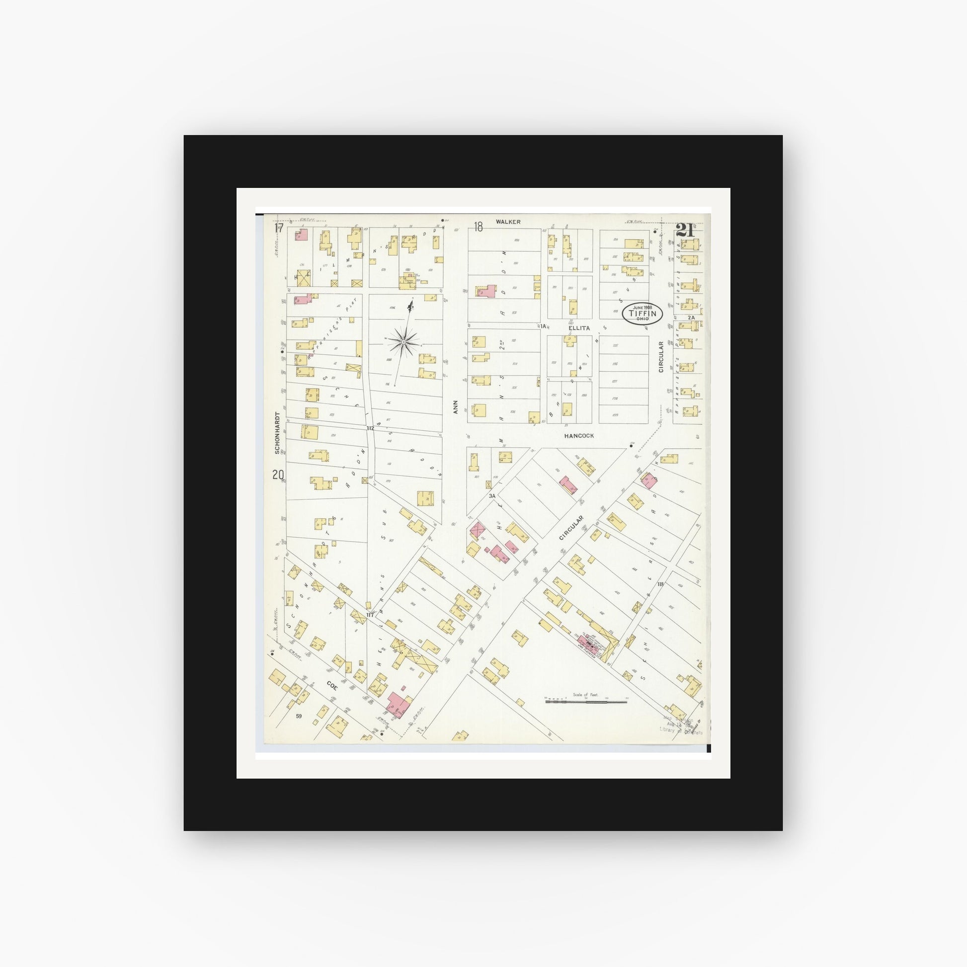 Old map wall art mockup — black gallery frame with white mat — Sanborn Fire Insurance Map from Tiffin, Seneca County, Ohio (1908), Sheet #0021