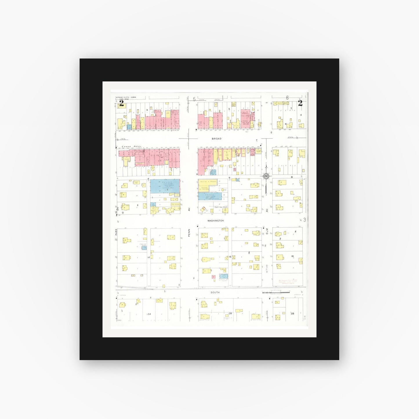 Old map wall art mockup — black gallery frame with white mat — Sanborn Fire Insurance Map from Story City, Story County, Iowa (1932), Sheet #0002