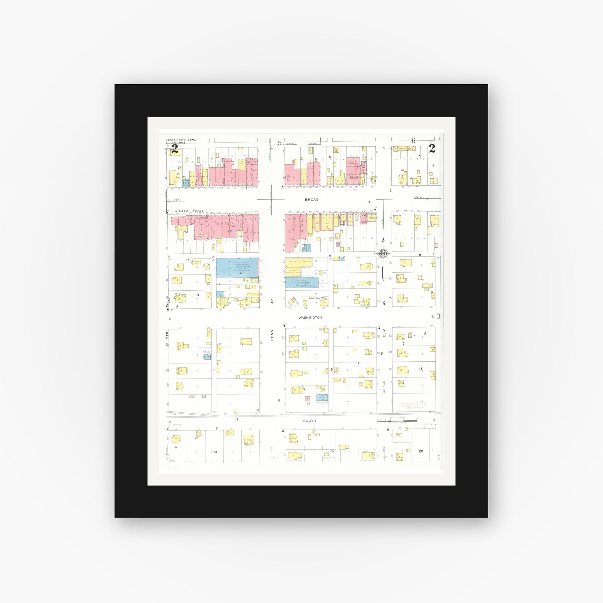 Old map wall art mockup — black gallery frame with white mat — Sanborn Fire Insurance Map from Story City, Story County, Iowa (1932), Sheet #0002