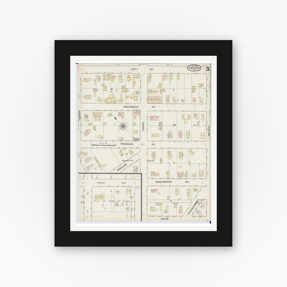 Old map wall art mockup — black gallery frame with white mat — Sanborn Fire Insurance Map from Neenah, Winnebago County, Wisconsin (1887), Sheet #0005