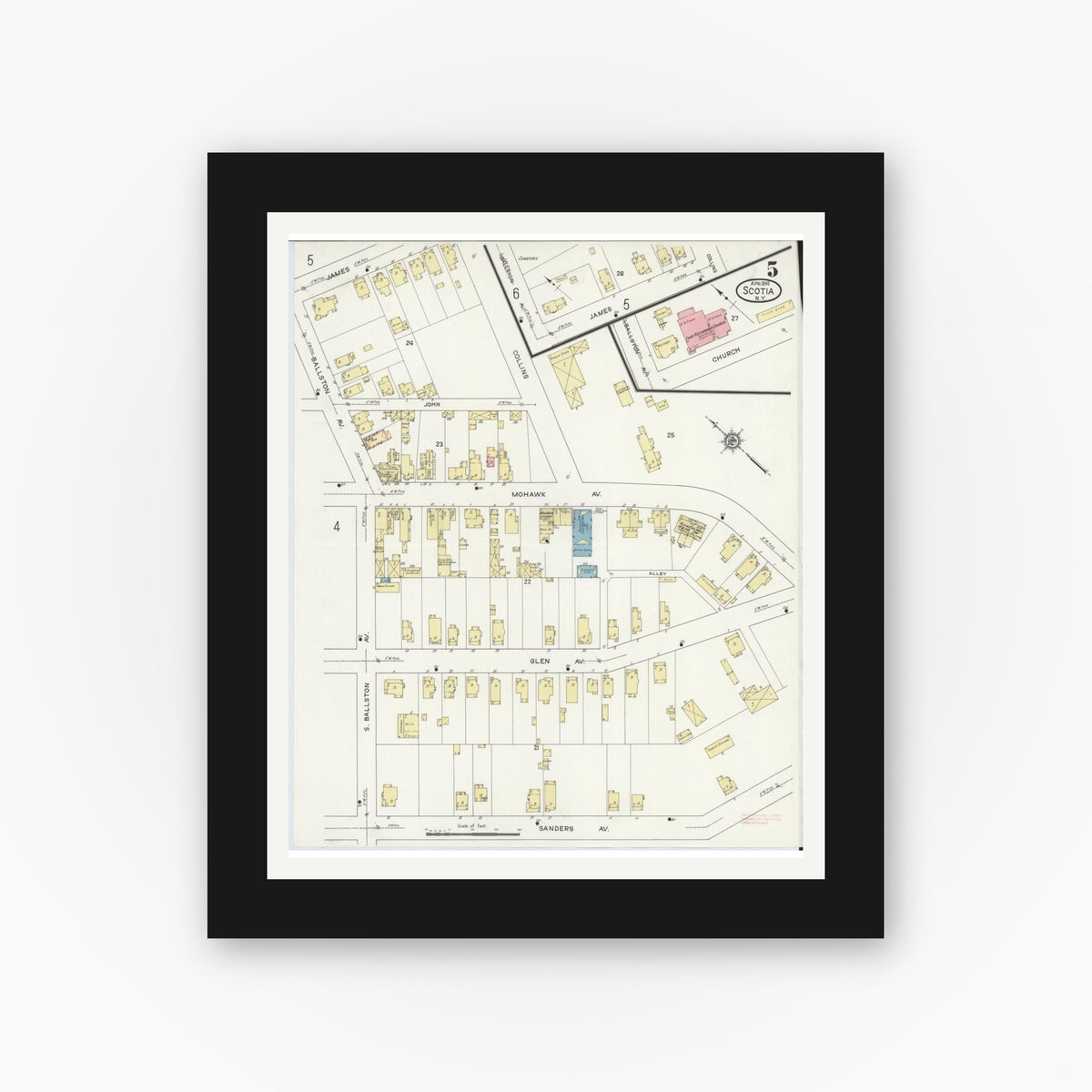 Old map wall art mockup — black gallery frame with white mat — Sanborn Fire Insurance Map from Scotia, Schenectady County, New York (1914), Sheet #0005