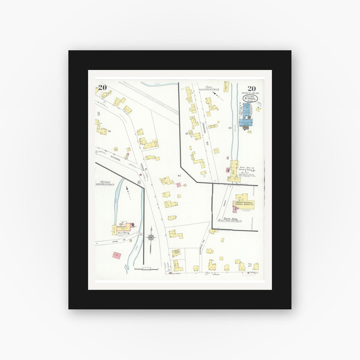 Old map wall art mockup — black gallery frame with white mat — Sanborn Fire Insurance Map from Athol, Worcester County, Massachusetts (1936), Sheet #0020