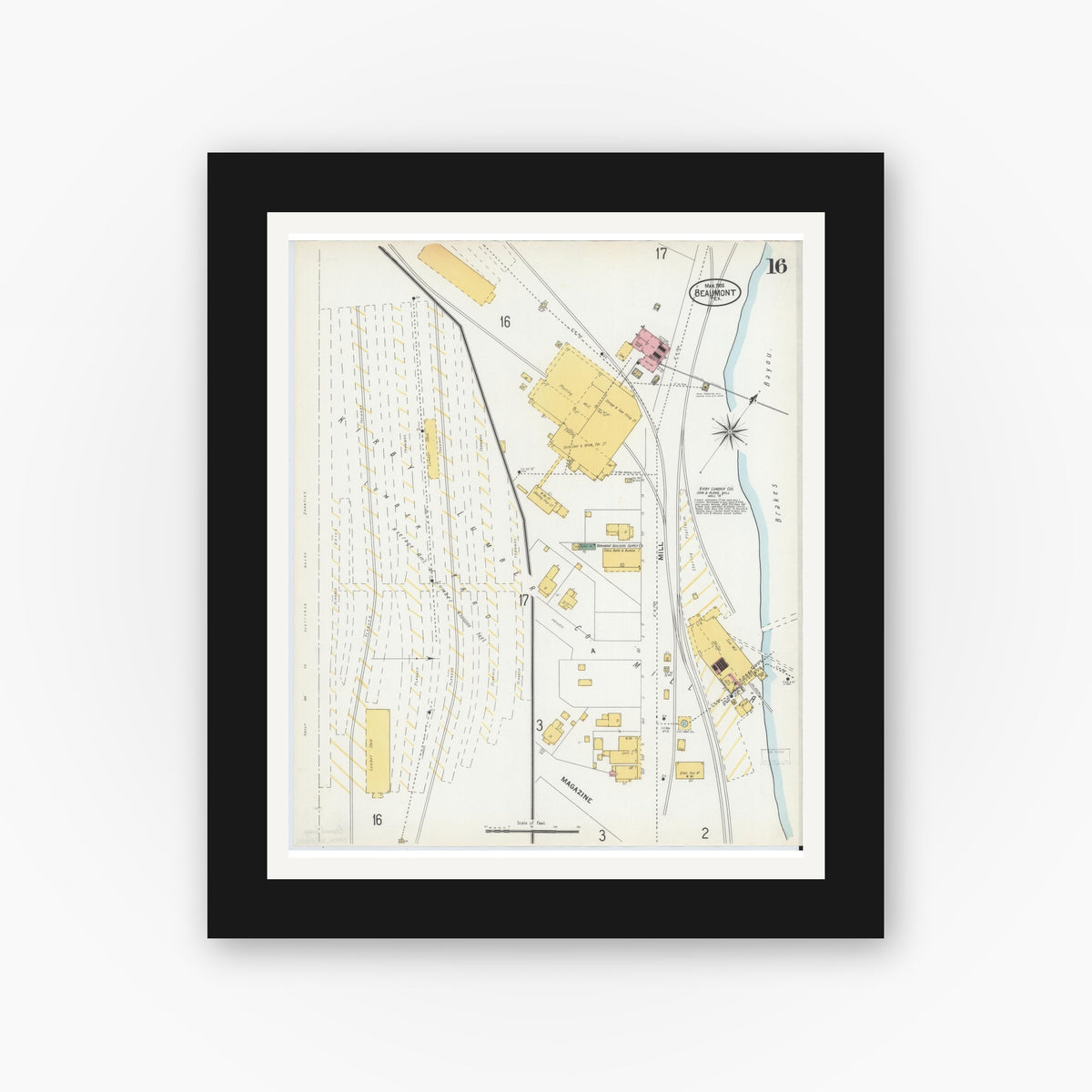 Old map wall art mockup — black gallery frame with white mat — Sanborn Fire Insurance Map from Beaumont, Jefferson County, Texas (1902), Sheet #0016
