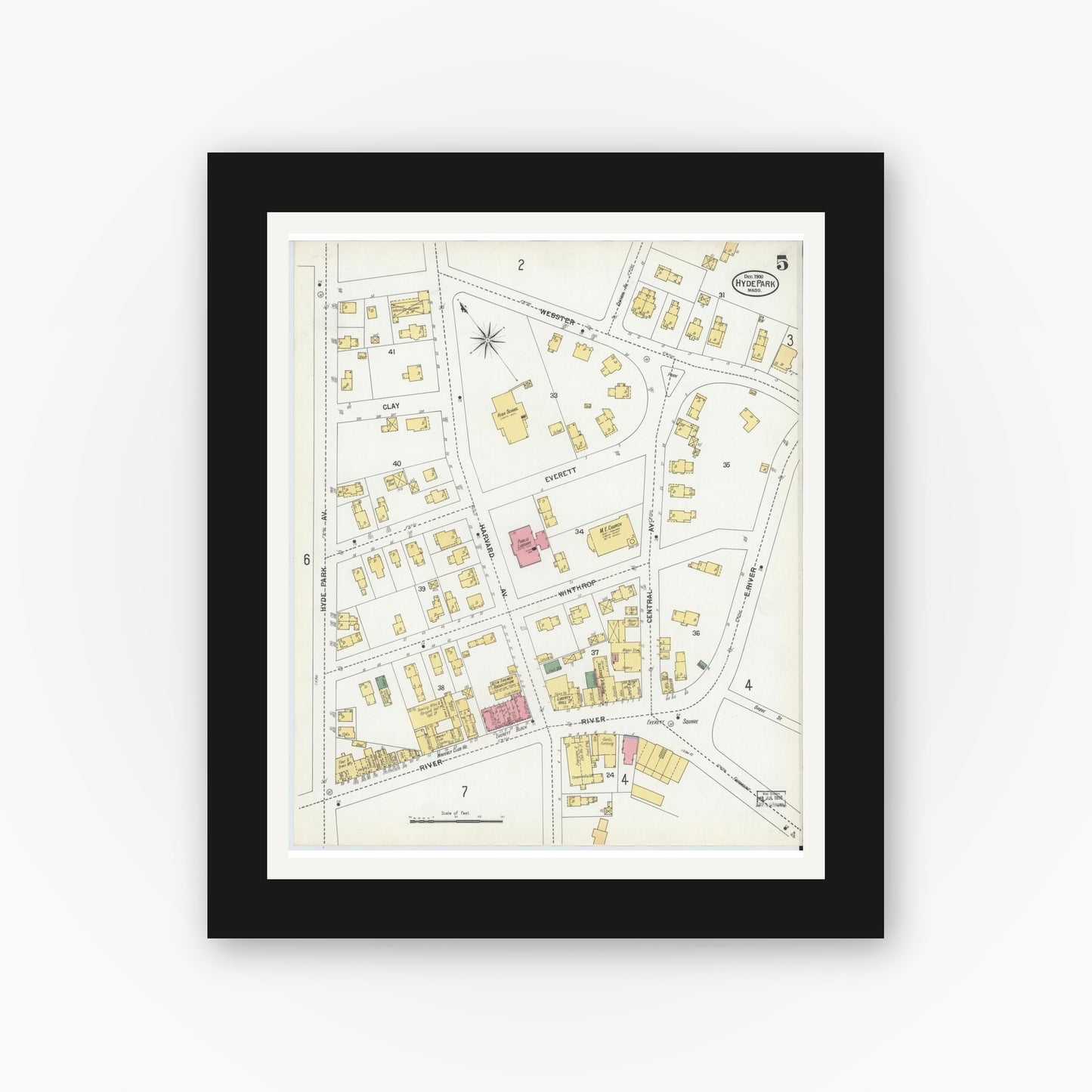 Old map wall art mockup — black gallery frame with white mat — Sanborn Fire Insurance Map from Hyde Park, Norfolk County, Massachusetts (1900), Sheet #0005