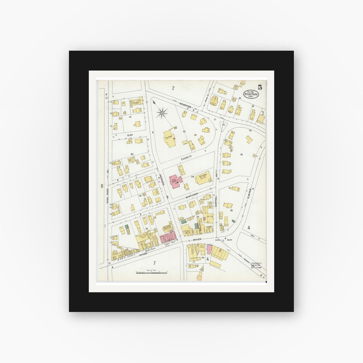 Old map wall art mockup — black gallery frame with white mat — Sanborn Fire Insurance Map from Hyde Park, Norfolk County, Massachusetts (1900), Sheet #0005