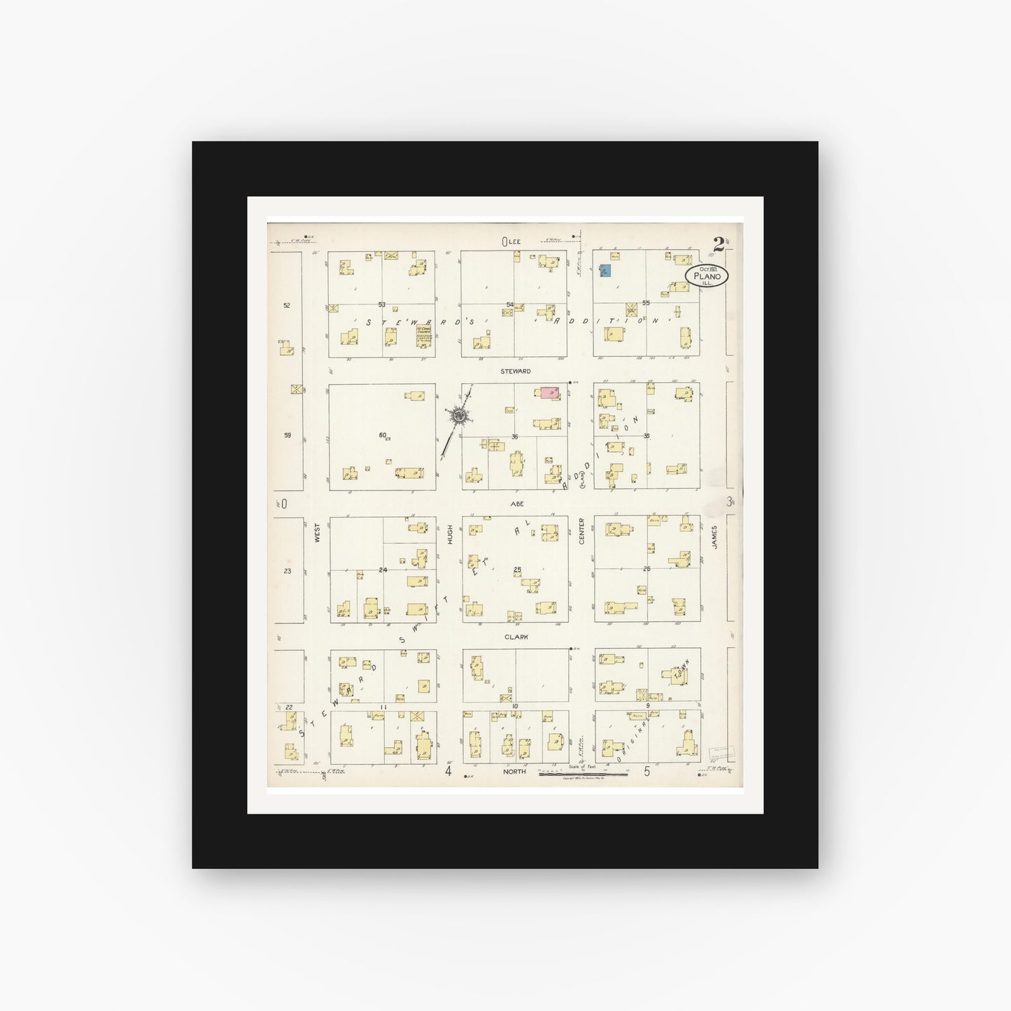Old map wall art mockup — black gallery frame with white mat — Sanborn Fire Insurance Map from Plano, Kendall County, Illinois (1921), Sheet #0002