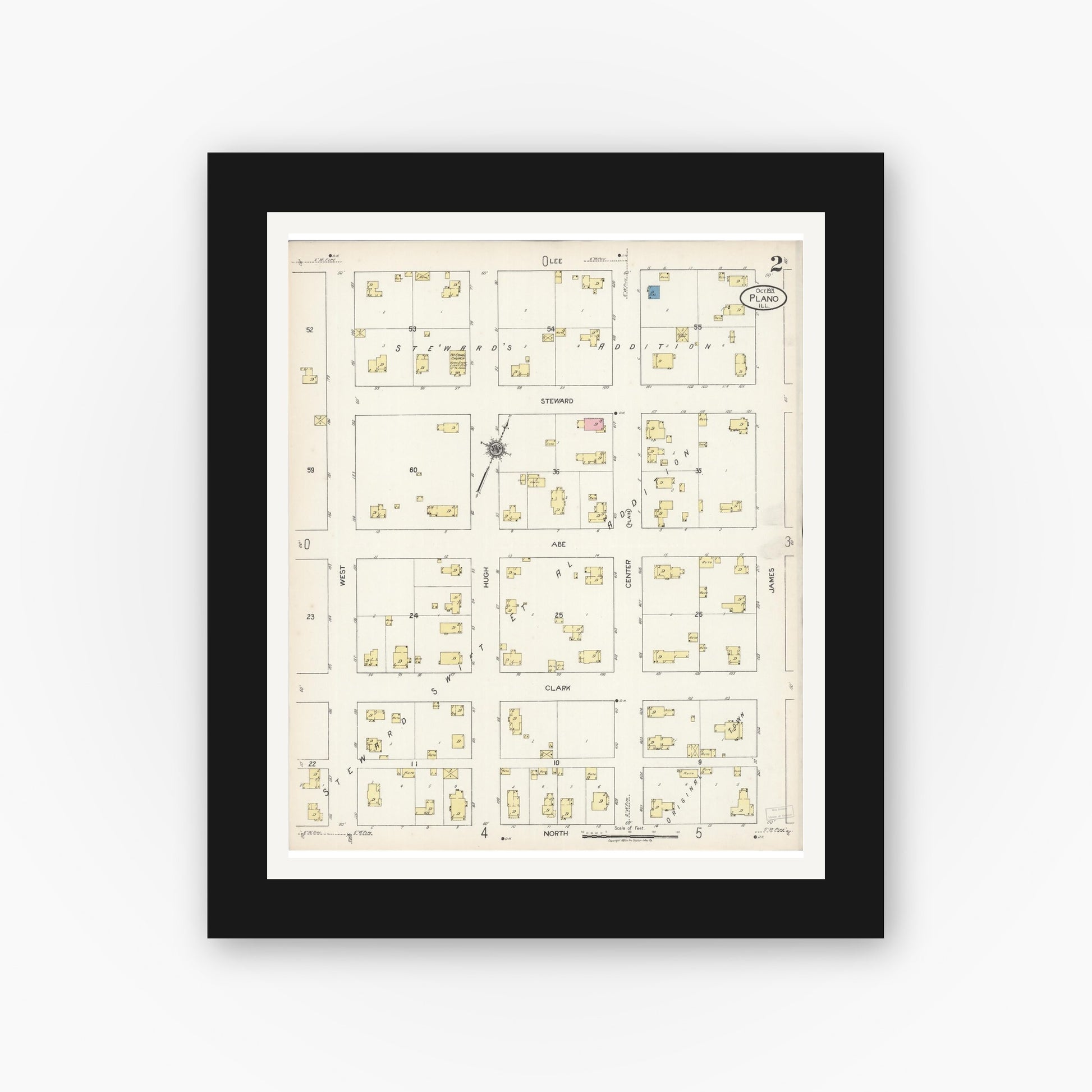 Old map wall art mockup — black gallery frame with white mat — Sanborn Fire Insurance Map from Plano, Kendall County, Illinois (1921), Sheet #0002