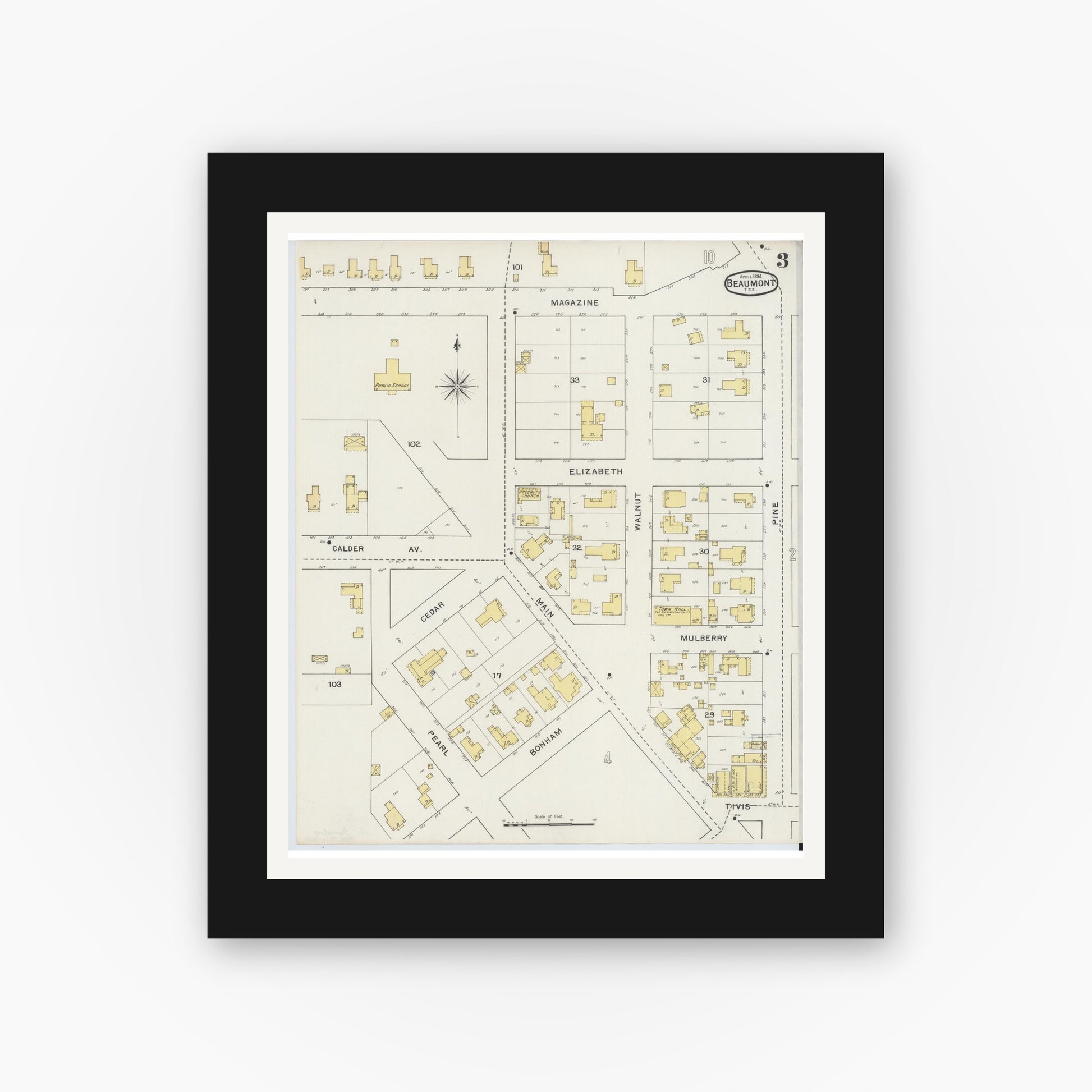 Old map wall art mockup — black gallery frame with white mat — Sanborn Fire Insurance Map from Beaumont, Jefferson County, Texas (1894), Sheet #0003