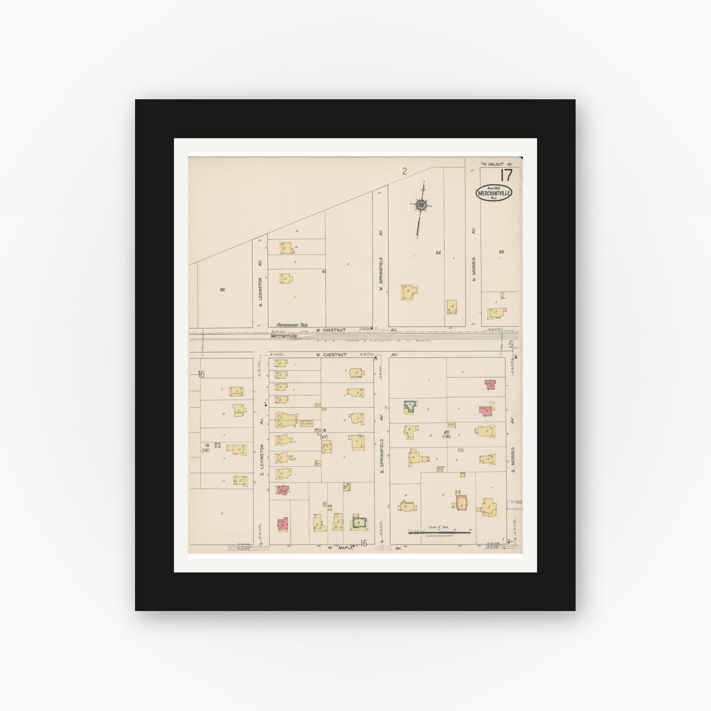 Old map wall art mockup — black gallery frame with white mat — Sanborn Fire Insurance Map from Merchantville, Camden County, New Jersey (1921), Sheet #0017