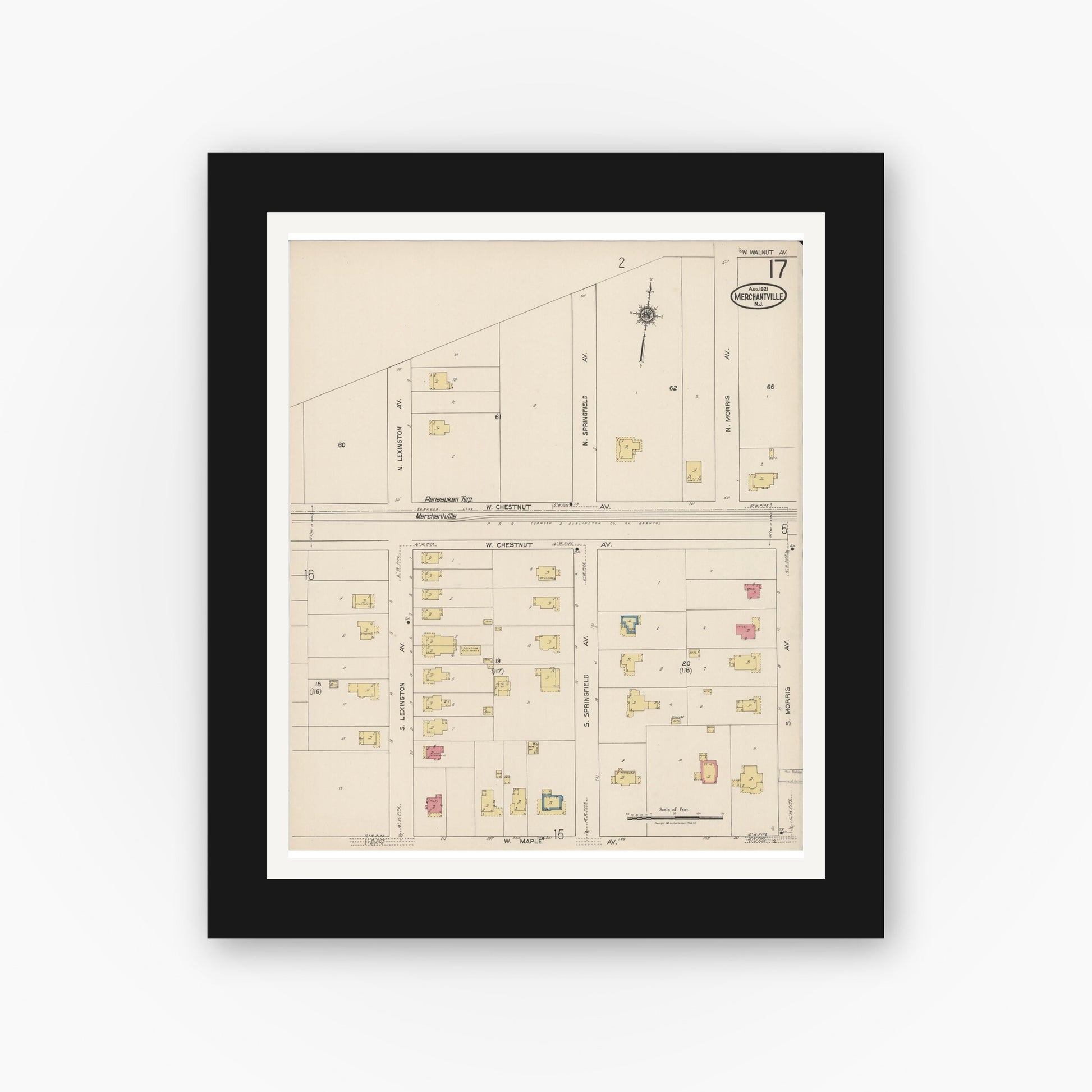 Old map wall art mockup — black gallery frame with white mat — Sanborn Fire Insurance Map from Merchantville, Camden County, New Jersey (1921), Sheet #0017