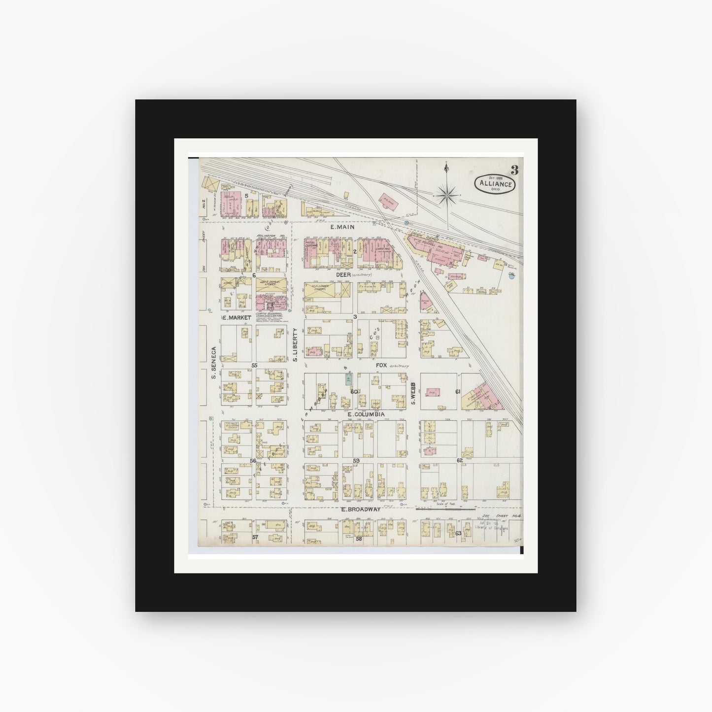 Old map wall art mockup — black gallery frame with white mat — Sanborn Fire Insurance Map from Alliance, Stark County, Ohio (1888), Sheet #0003