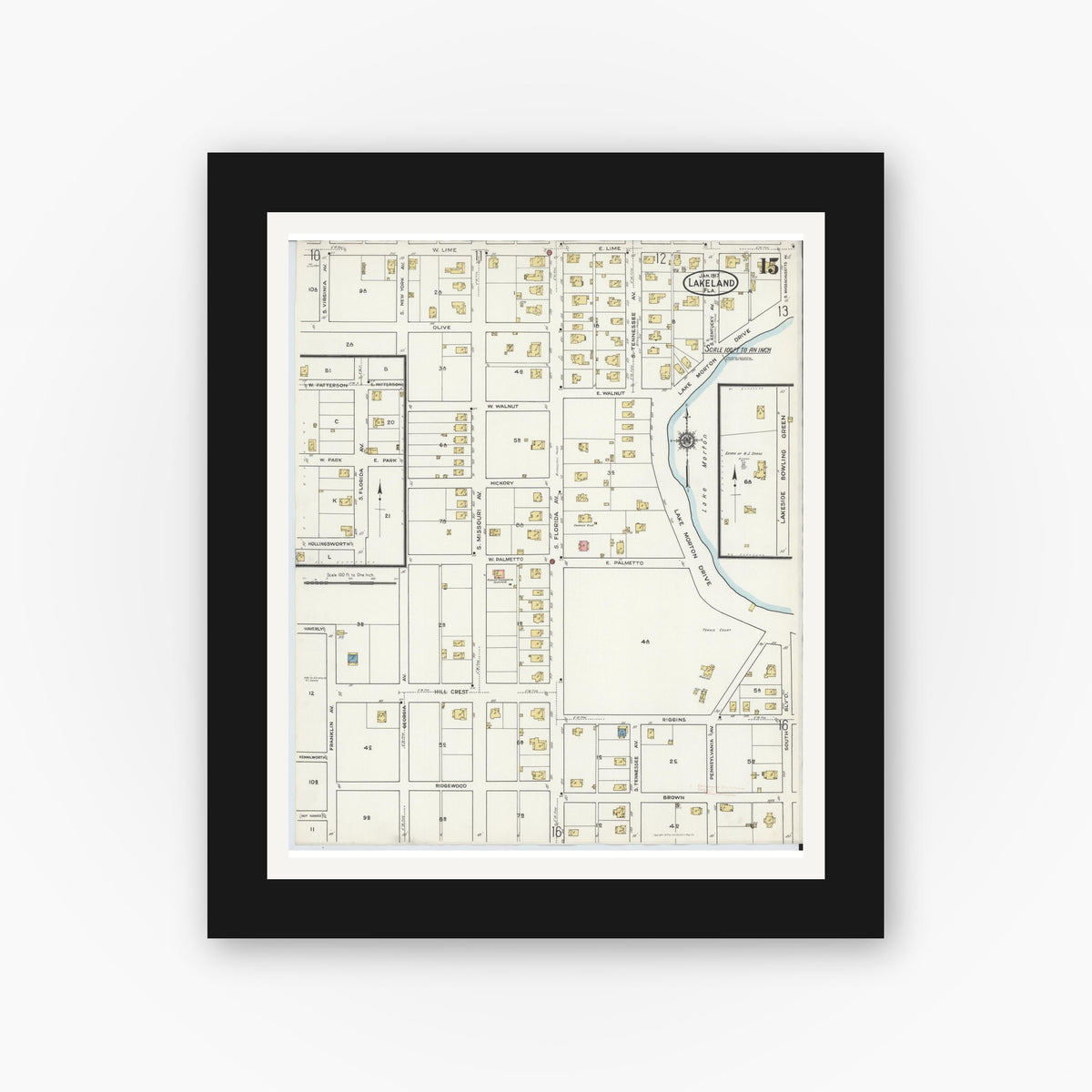 Old map wall art mockup — black gallery frame with white mat — Sanborn Fire Insurance Map from Lakeland, Polk County, Florida (1917), Sheet #0015