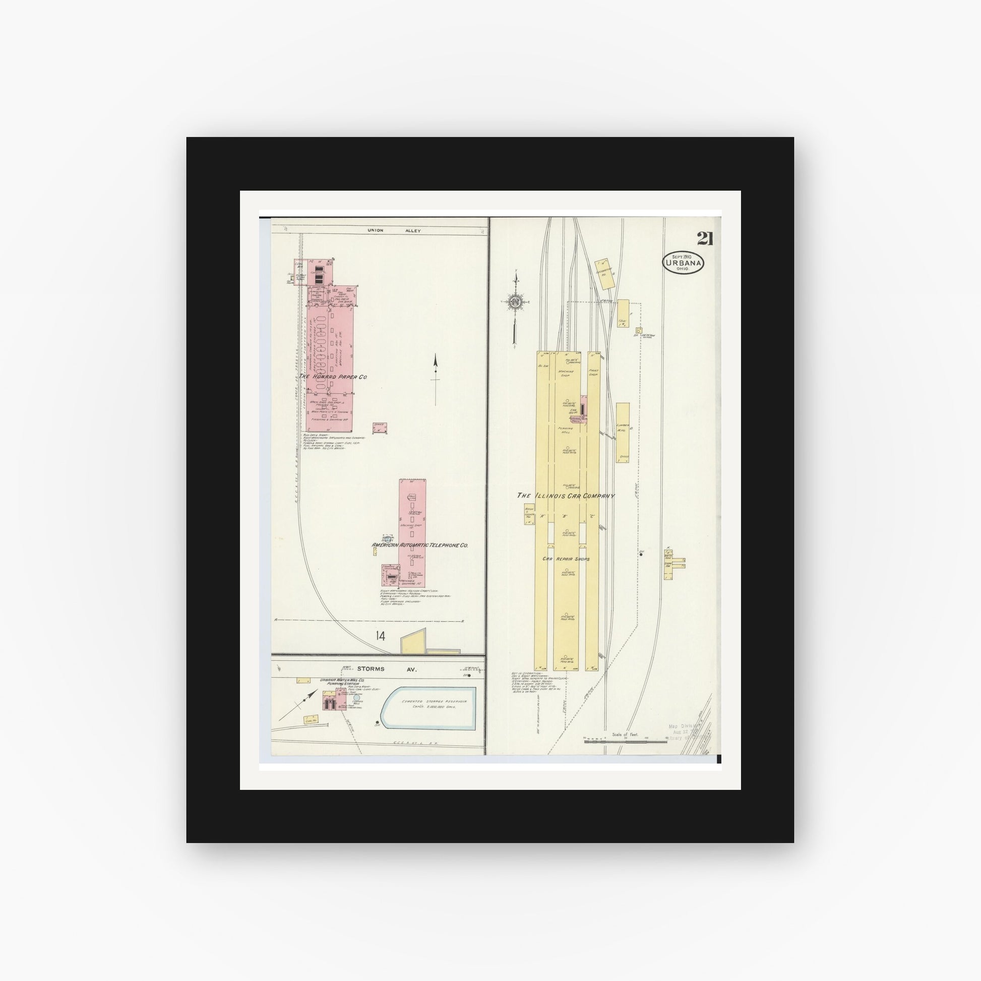 Old map wall art mockup — black gallery frame with white mat — Sanborn Fire Insurance Map from Urbana, Champaign County, Ohio (1910), Sheet #0021