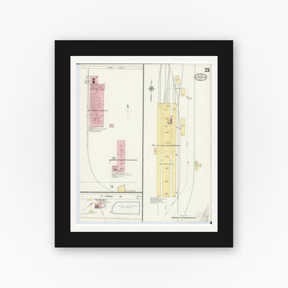 Old map wall art mockup — black gallery frame with white mat — Sanborn Fire Insurance Map from Urbana, Champaign County, Ohio (1910), Sheet #0021