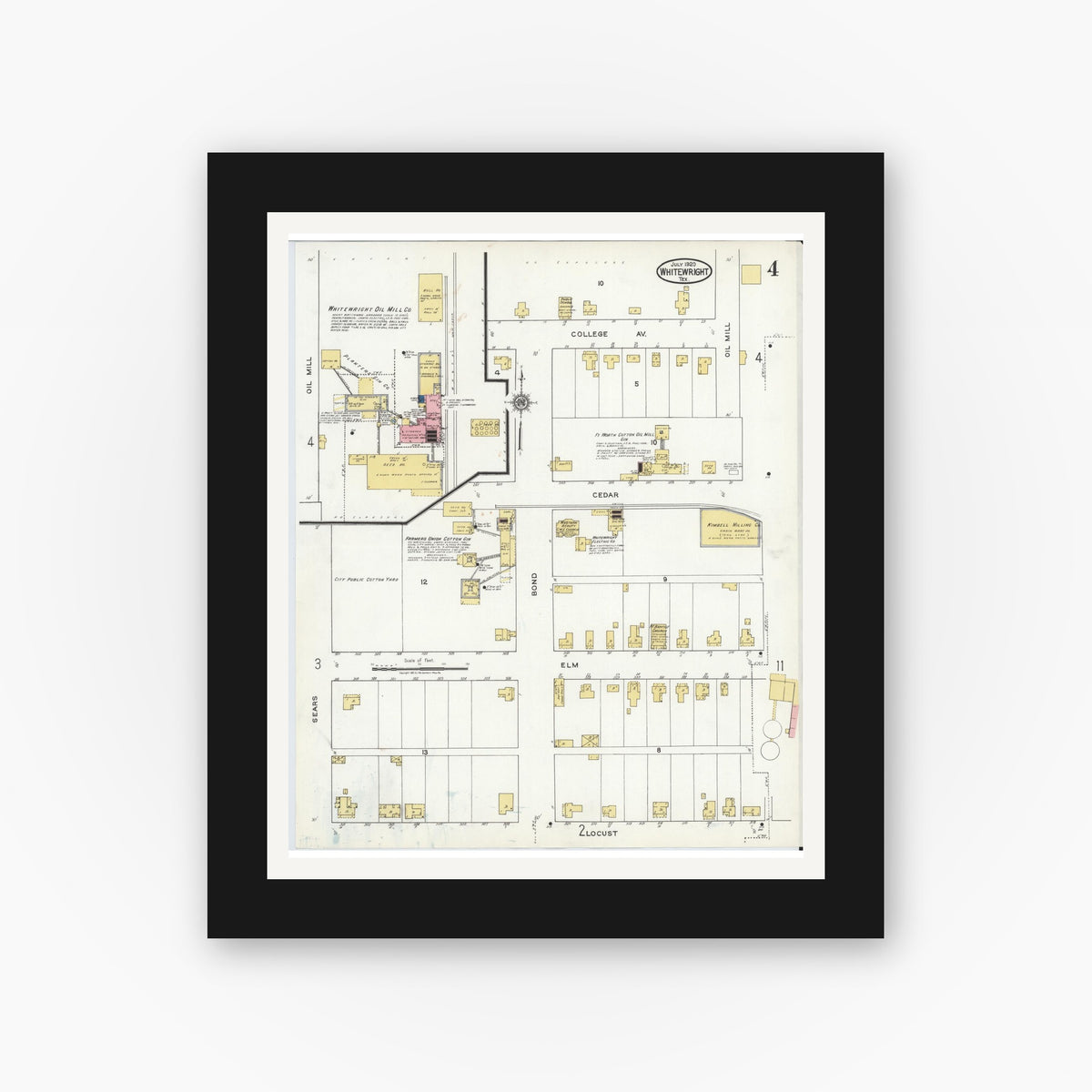 Old map wall art mockup — black gallery frame with white mat — Sanborn Fire Insurance Map from Whitewright, Grayson County, Texas (1920), Sheet #0004