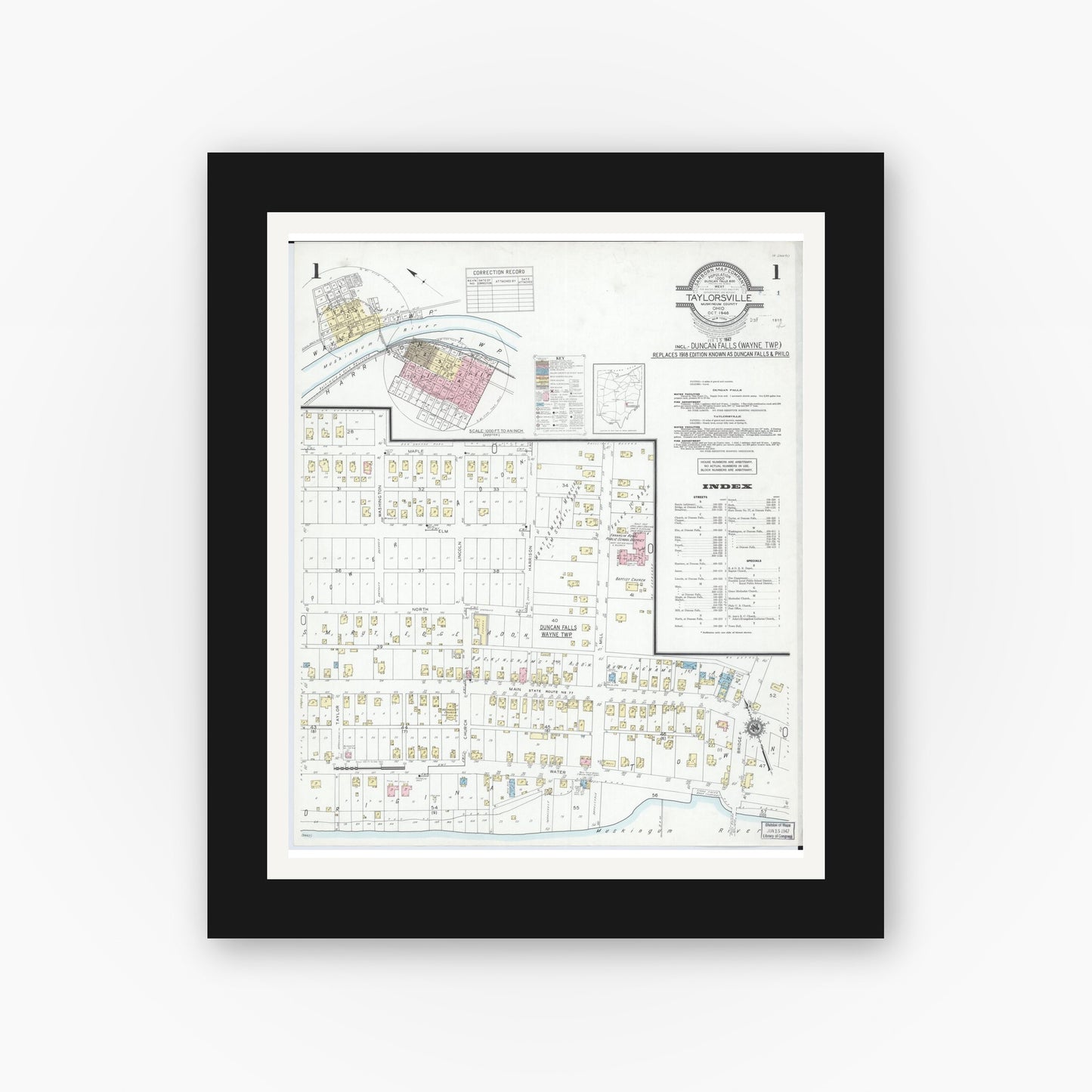 Old map wall art mockup — black gallery frame with white mat — Sanborn Fire Insurance Map from Taylorsville, Muskingum County, Ohio (1946), Sheet #0001