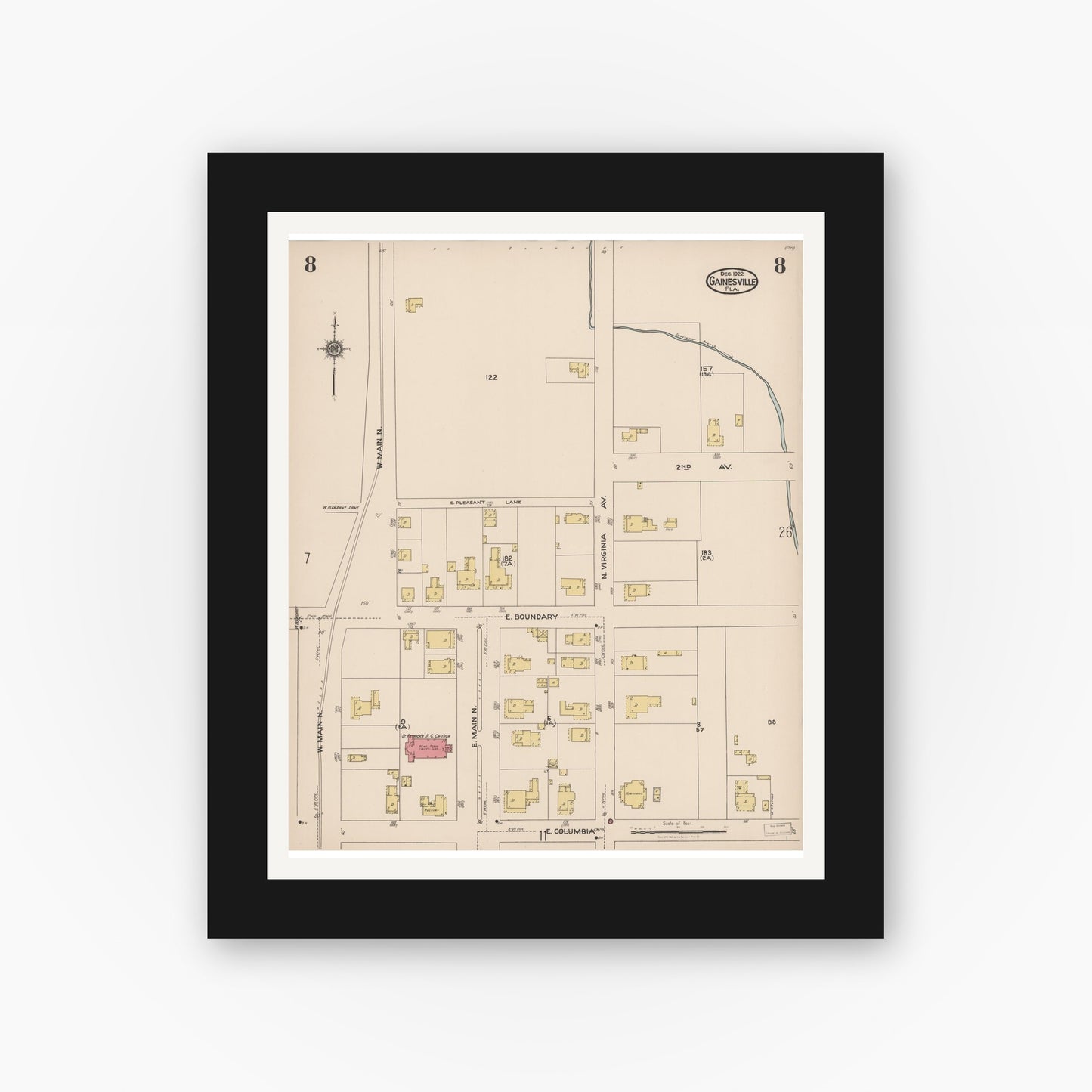Old map wall art mockup — black gallery frame with white mat — Sanborn Fire Insurance Map from Gainesville, Alachua County, Florida (1922), Sheet #0008