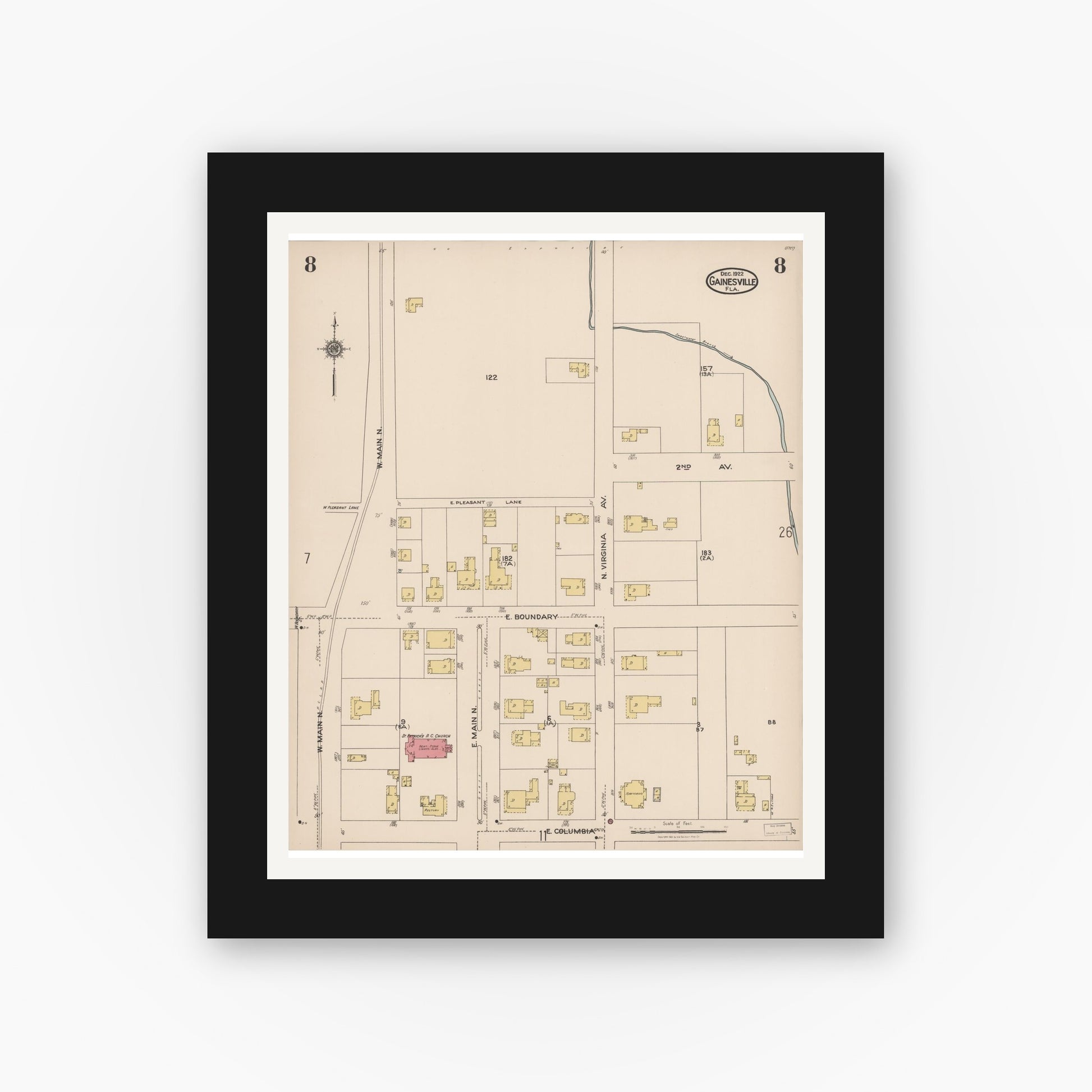 Old map wall art mockup — black gallery frame with white mat — Sanborn Fire Insurance Map from Gainesville, Alachua County, Florida (1922), Sheet #0008