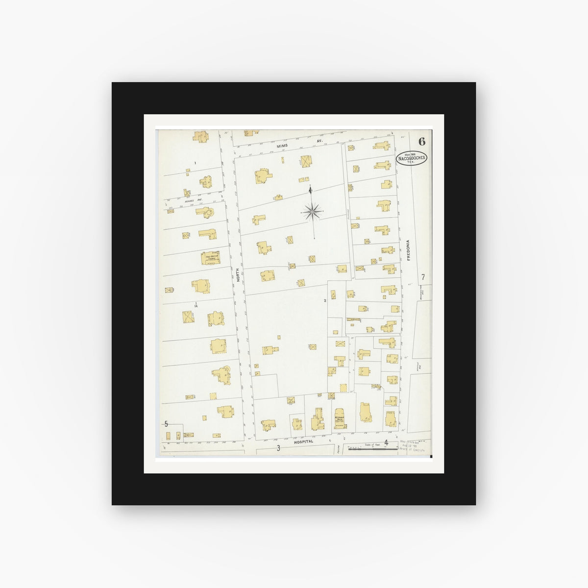 Old map wall art mockup — black gallery frame with white mat — Sanborn Fire Insurance Map from Nacogdoches, Nacogdoches County, Texas (1906), Sheet #0006