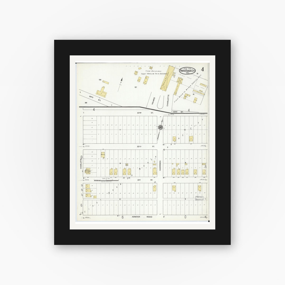 Old map wall art mockup — black gallery frame with white mat — Sanborn Fire Insurance Map from North Kansas City, Clay County, Missouri (1918), Sheet #0004
