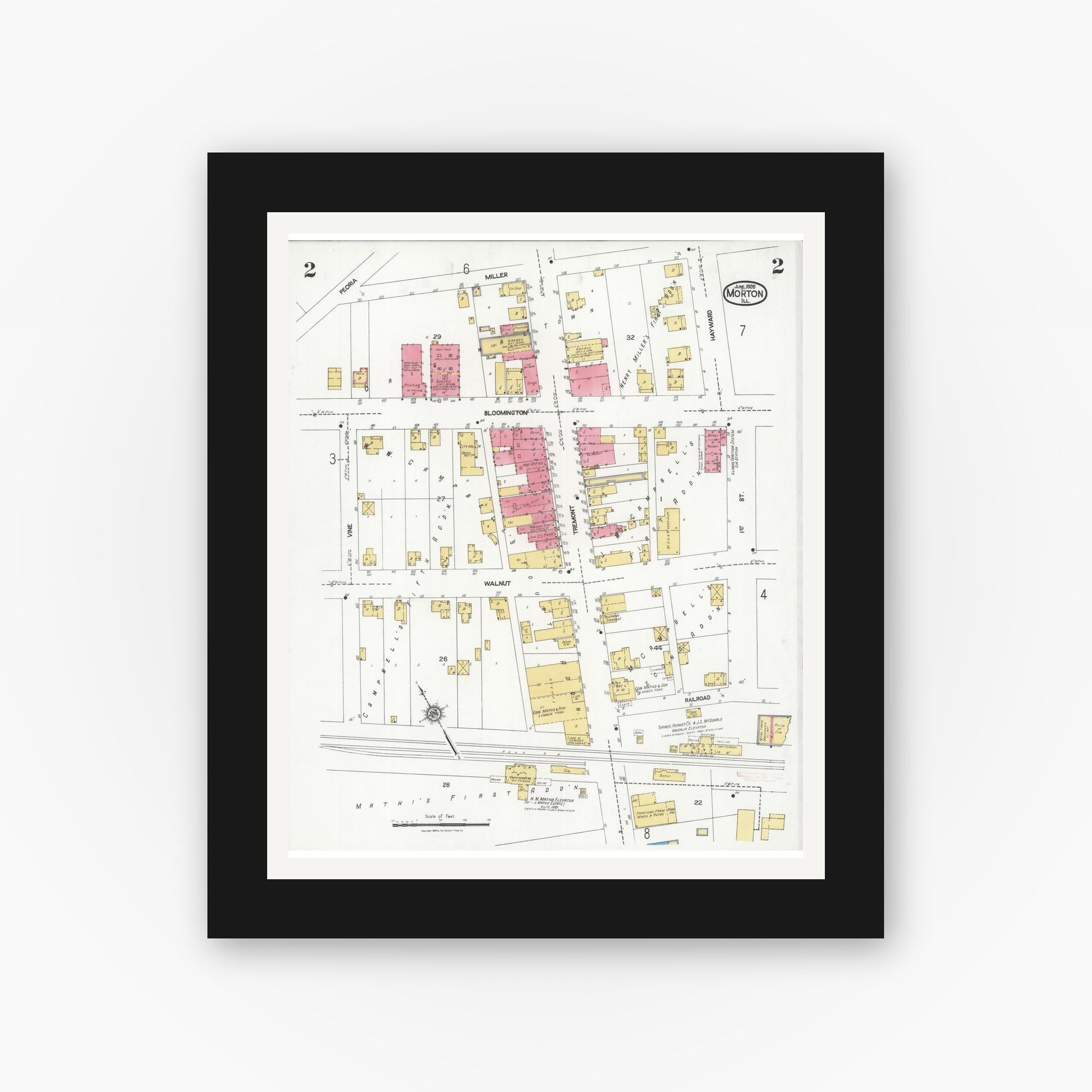Old map wall art mockup — black gallery frame with white mat — Sanborn Fire Insurance Map from Morton, Tazewell County, Illinois (1926), Sheet #0002