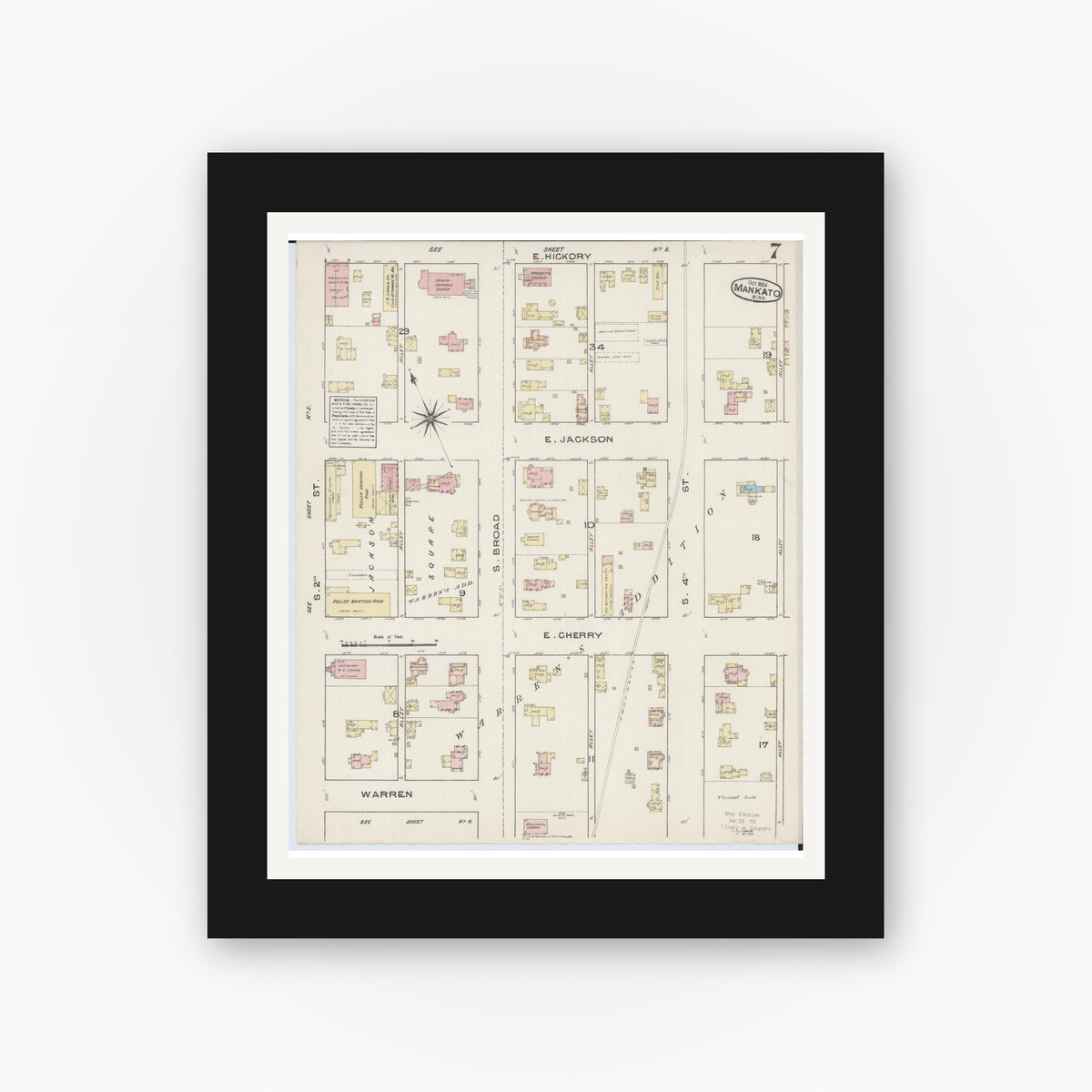 Old map wall art mockup — black gallery frame with white mat — Sanborn Fire Insurance Map from Mankato, Blue Earth County, Minnesota (1884), Sheet #0007