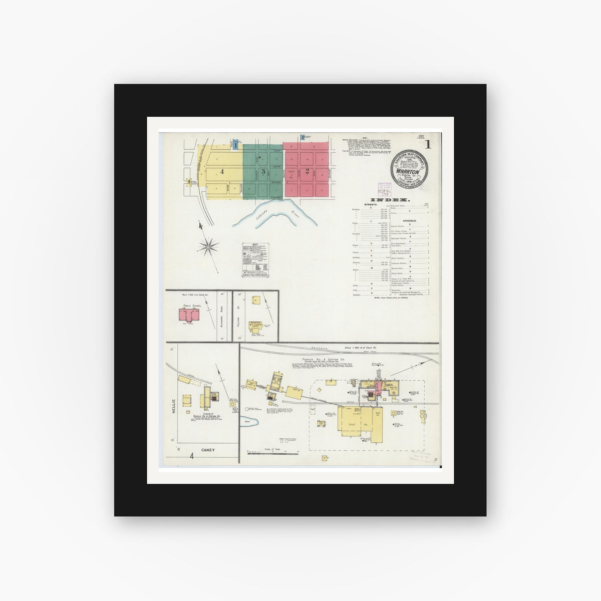 Old map wall art mockup — black gallery frame with white mat — Sanborn Fire Insurance Map from Wharton, Wharton County, Texas (1906), Sheet #0001