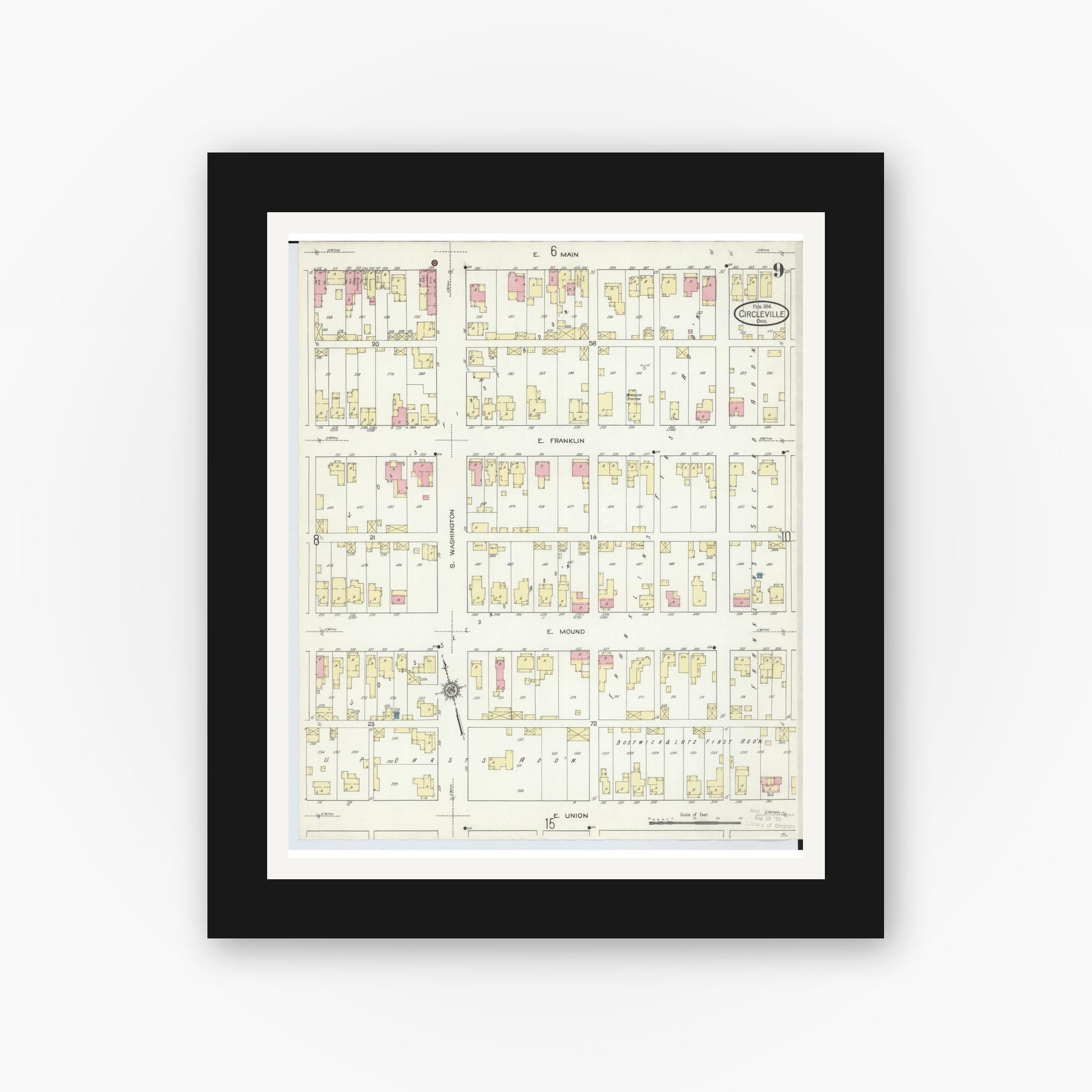 Old map wall art mockup — black gallery frame with white mat — Sanborn Fire Insurance Map from Circleville, Pickaway County, Ohio (1914), Sheet #0009