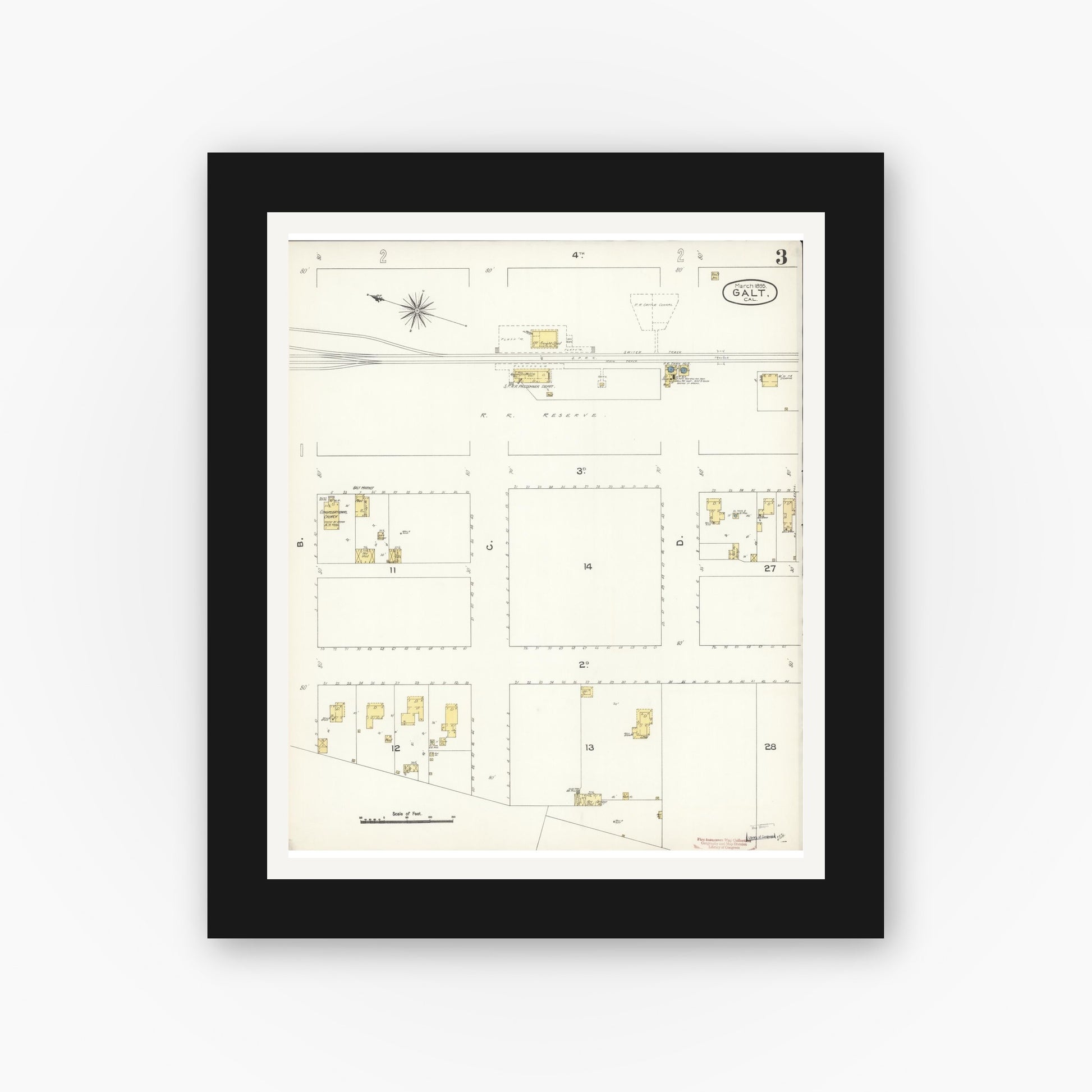 Old map wall art mockup — black gallery frame with white mat — Sanborn Fire Insurance Map from Galt, Sacramento County, California (1895), Sheet #0003
