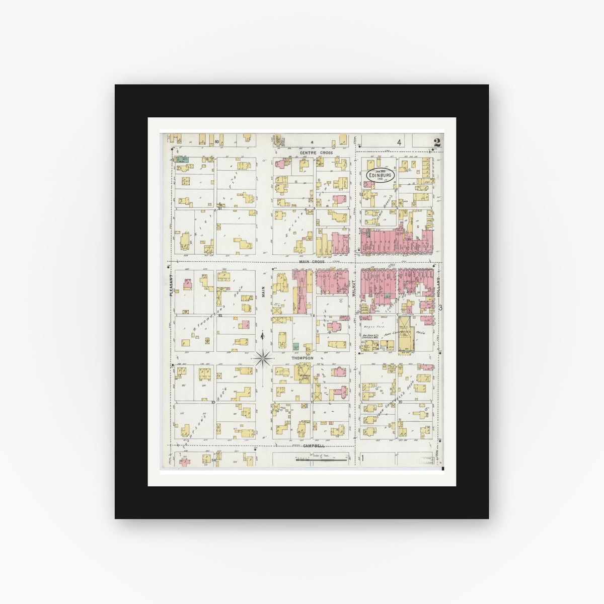 Old map wall art mockup — black gallery frame with white mat — Sanborn Fire Insurance Map from Edinburg, Johnson And Bartholomew Counties, Indiana (1899), Sheet #0002