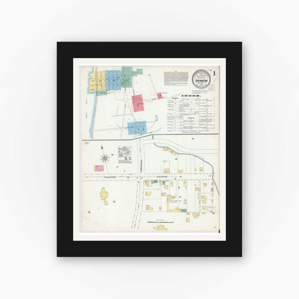 Old map wall art mockup — black gallery frame with white mat — Sanborn Fire Insurance Map from Irvington, Westchester County, New York (1905), Sheet #0001