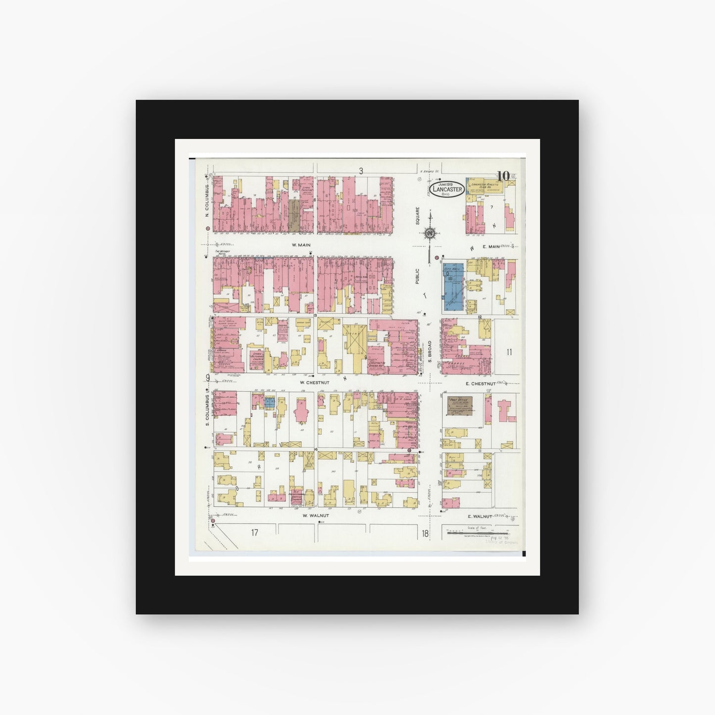 Old map wall art mockup — black gallery frame with white mat — Sanborn Fire Insurance Map from Lancaster, Fairfield County, Ohio (1919), Sheet #0010