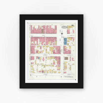 Old map wall art mockup — black gallery frame with white mat — Sanborn Fire Insurance Map from Lancaster, Fairfield County, Ohio (1919), Sheet #0010
