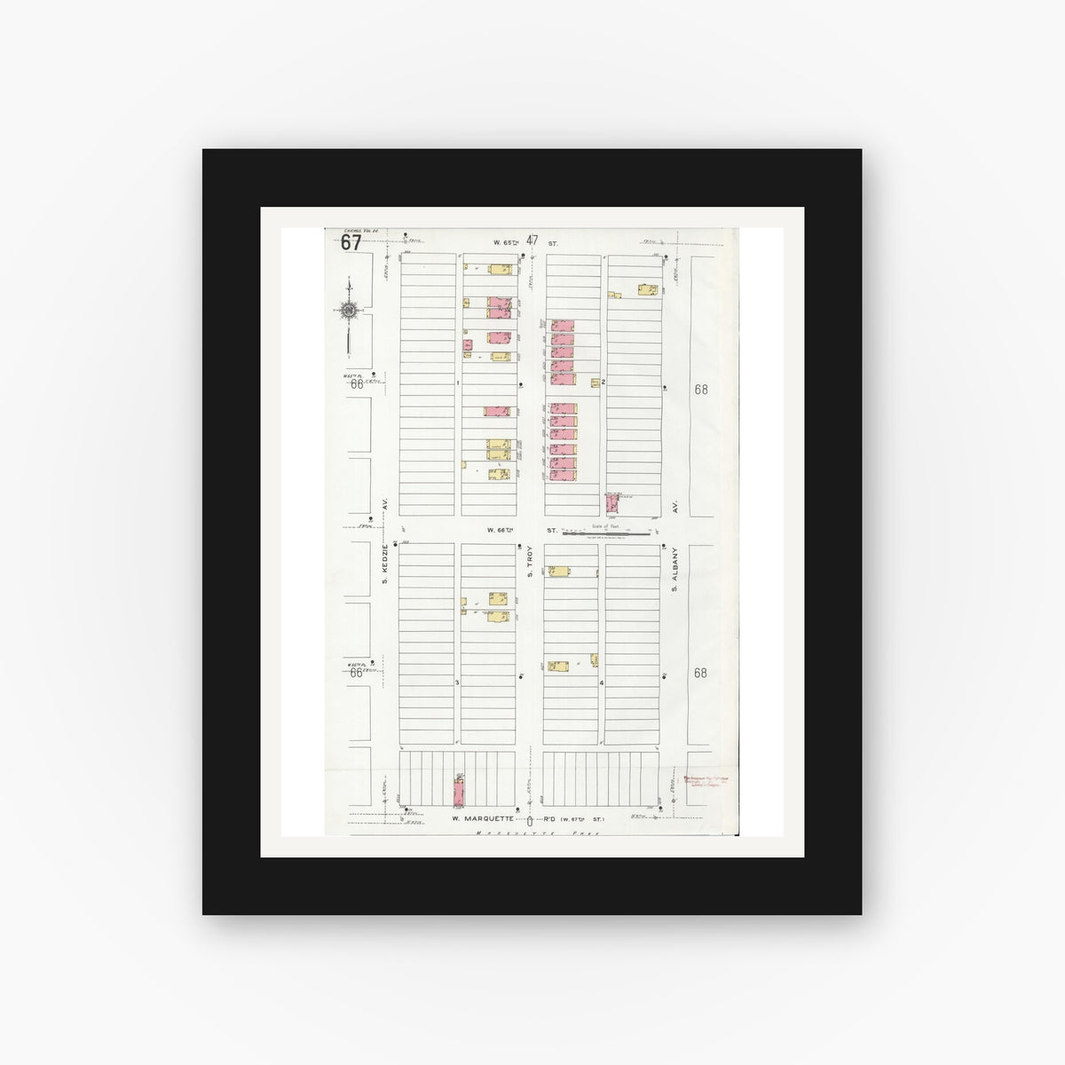 Old map wall art mockup — black gallery frame with white mat — Sanborn Fire Insurance Map from Chicago, Cook County, Illinois (1920), Sheet #0067