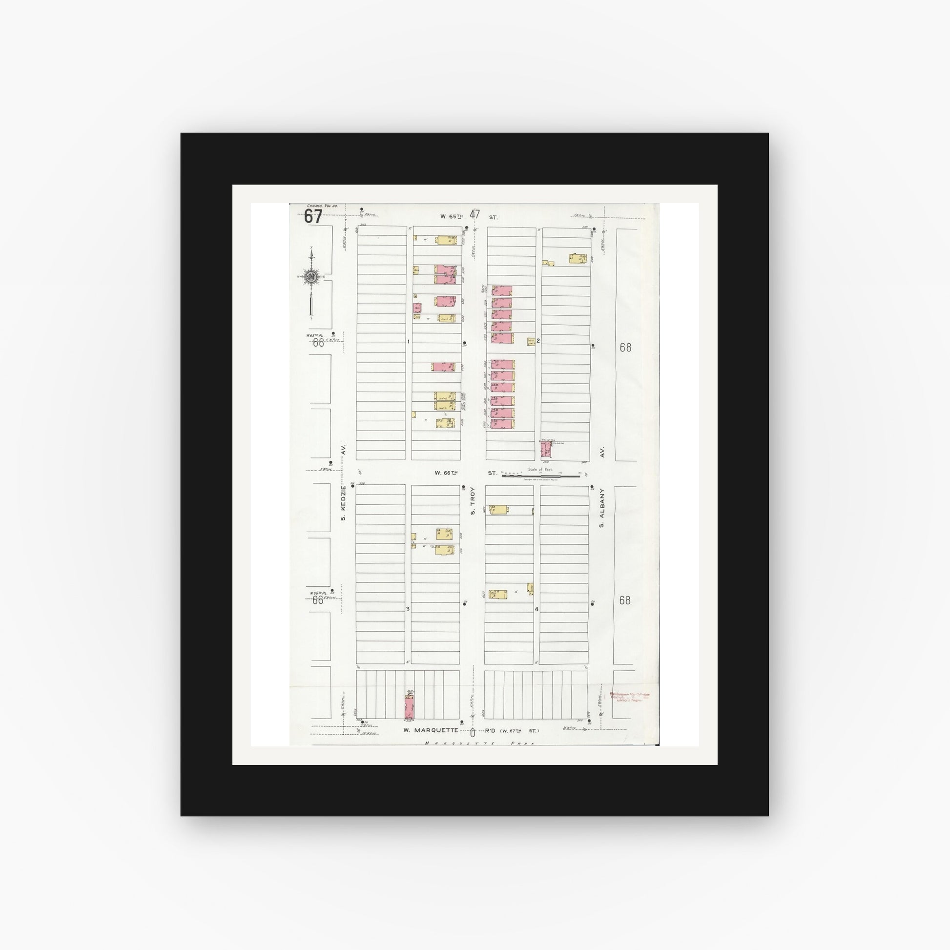 Old map wall art mockup — black gallery frame with white mat — Sanborn Fire Insurance Map from Chicago, Cook County, Illinois (1920), Sheet #0067