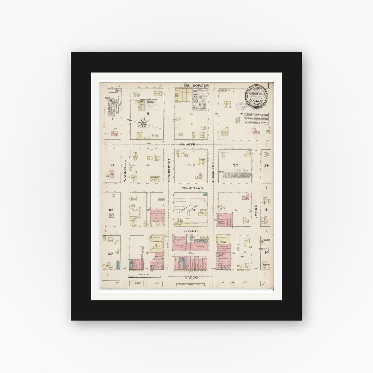 Old map wall art mockup — black gallery frame with white mat — Sanborn Fire Insurance Map from Cleburne, Johnson County, Texas (1885), Sheet #0001