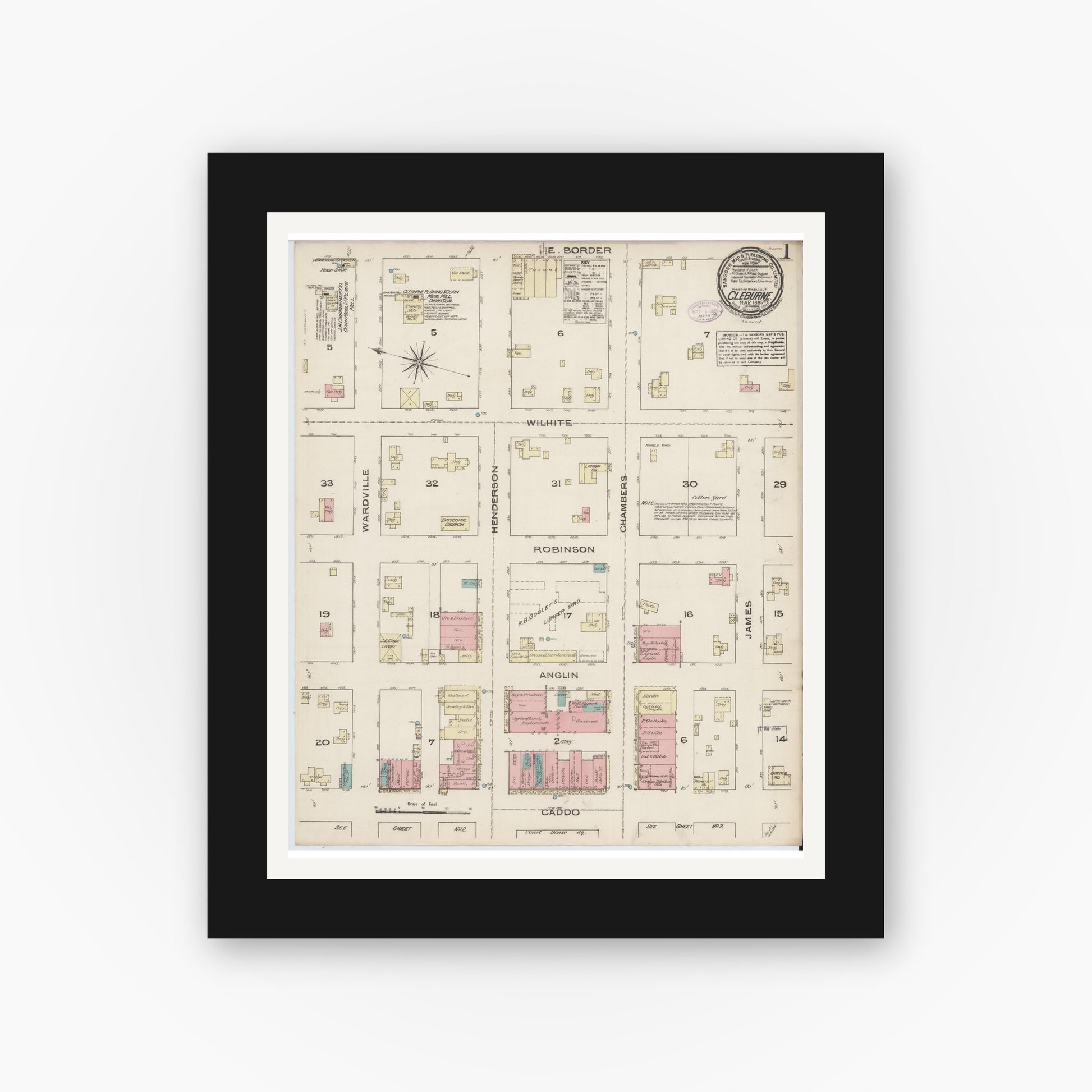 Old map wall art mockup — black gallery frame with white mat — Sanborn Fire Insurance Map from Cleburne, Johnson County, Texas (1885), Sheet #0001