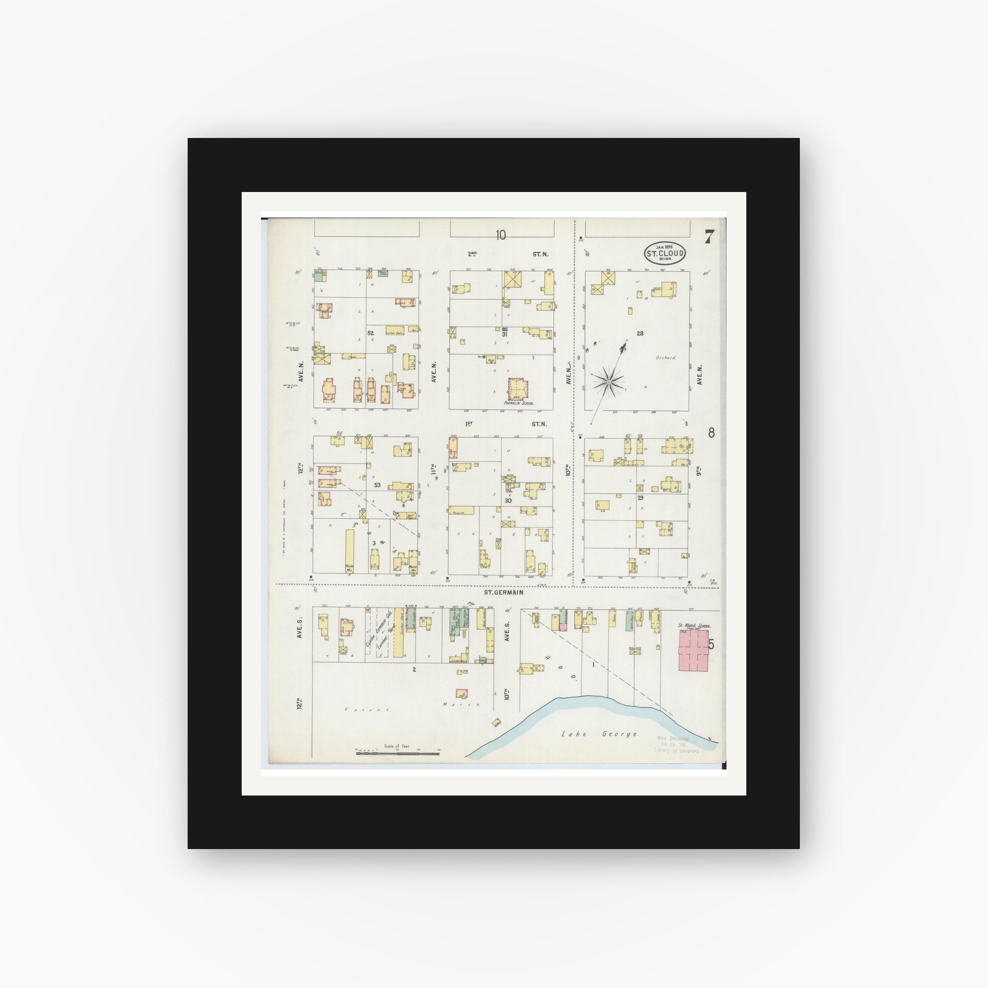 Old map wall art mockup — black gallery frame with white mat — Sanborn Fire Insurance Map from Saint Cloud, Stearns, Benton, and Sherburne Counties, Minnesota (1898), Sheet #0007